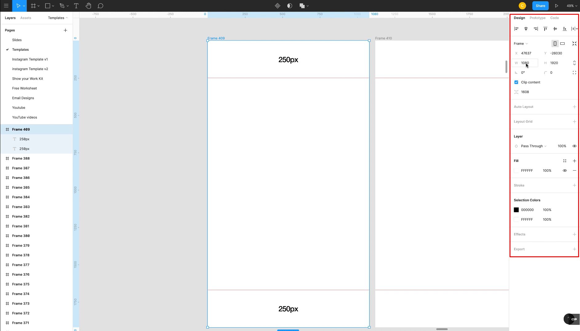 Impostazione della dimensione del fotogramma in Figma
