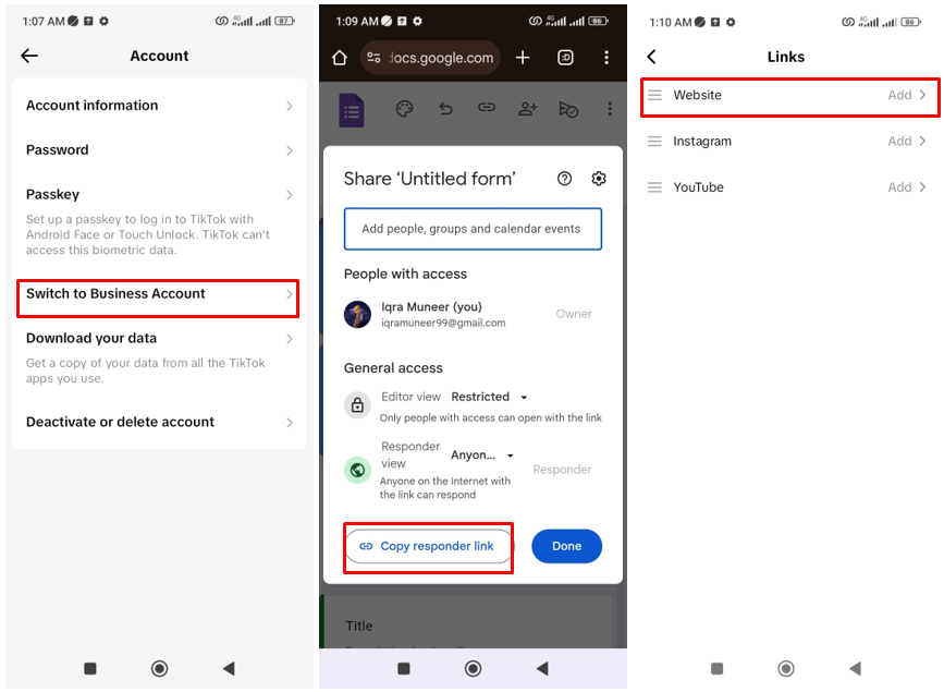 Kuva näyttää kuinka Google Form lisätään TikTok-bioon