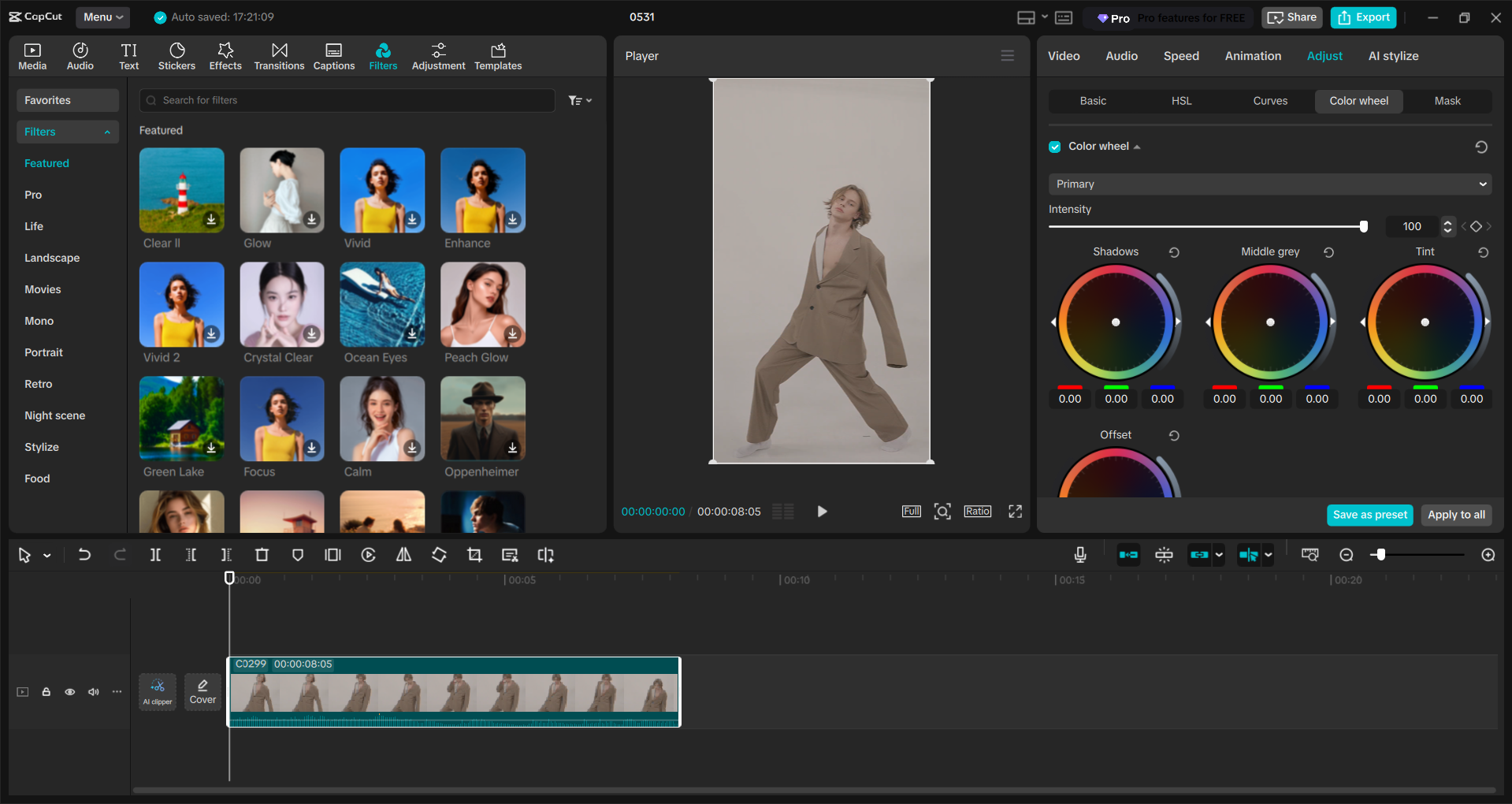 Interface of the CapCut desktop video editor - an easy way to add vintage filter to Instagram Reels