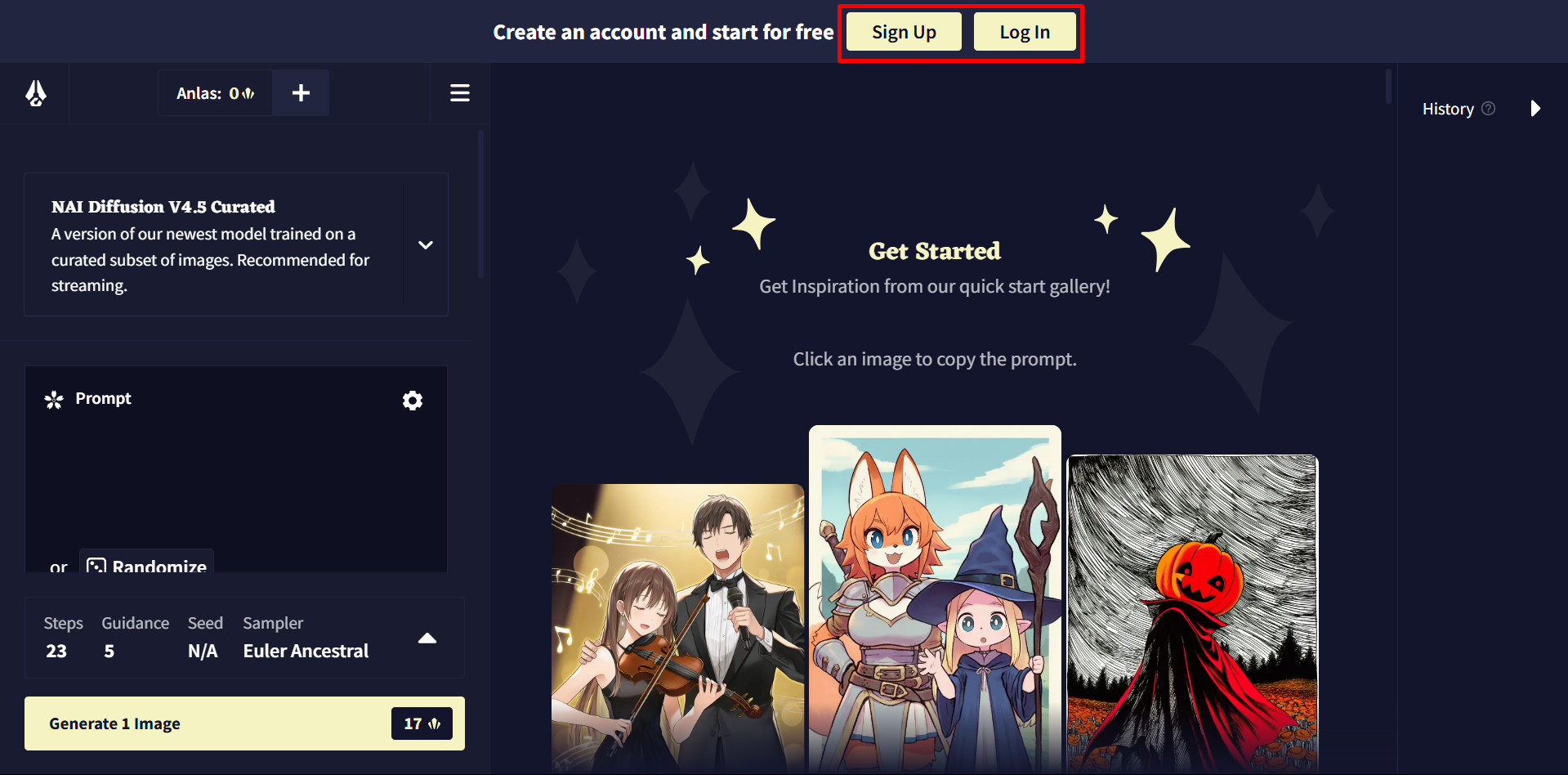 Visiting the official site of the Novel AI image generator