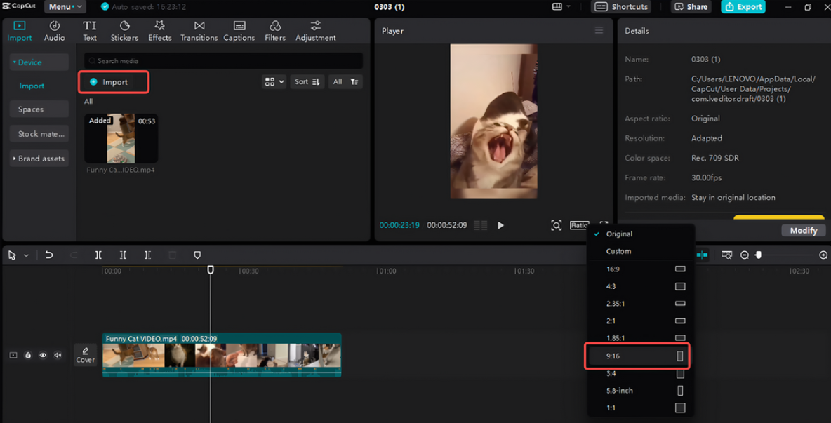Hochladen und Ändern der Größe des Videos auf CapCut