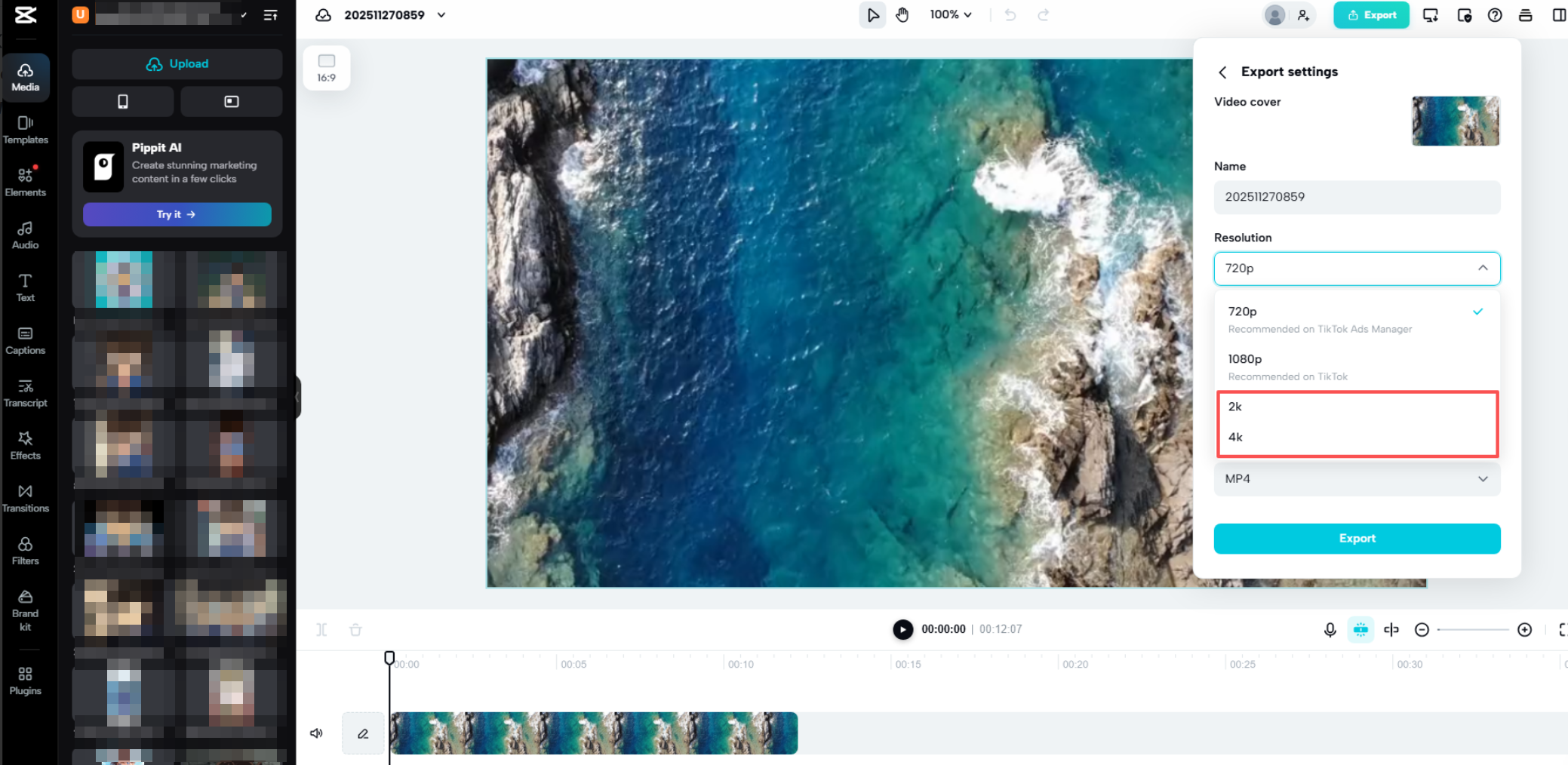 Esporta le impostazioni di risoluzione per CapCut la versione web