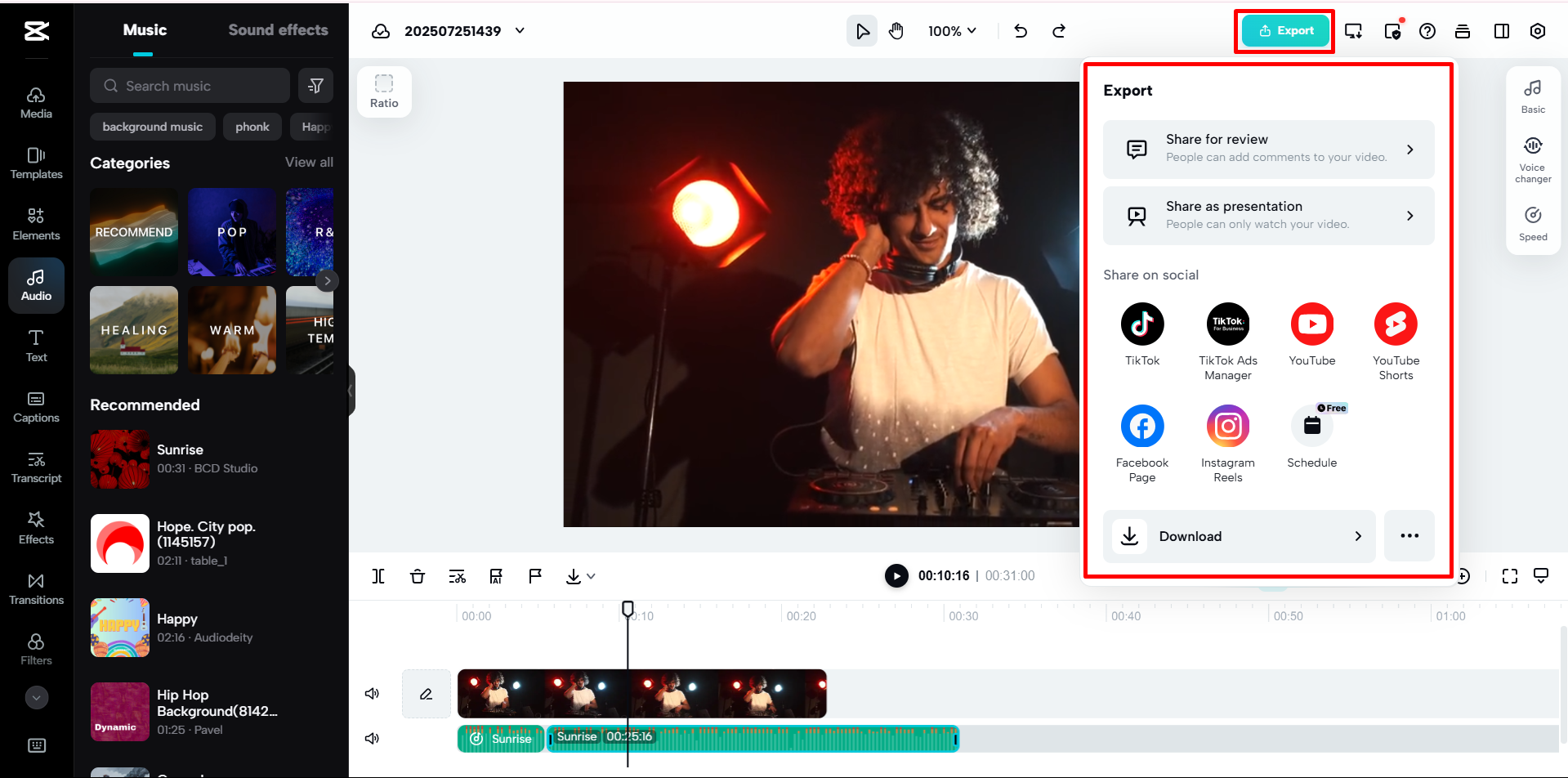 Mengekspor video akhir dari editor video online CapCut