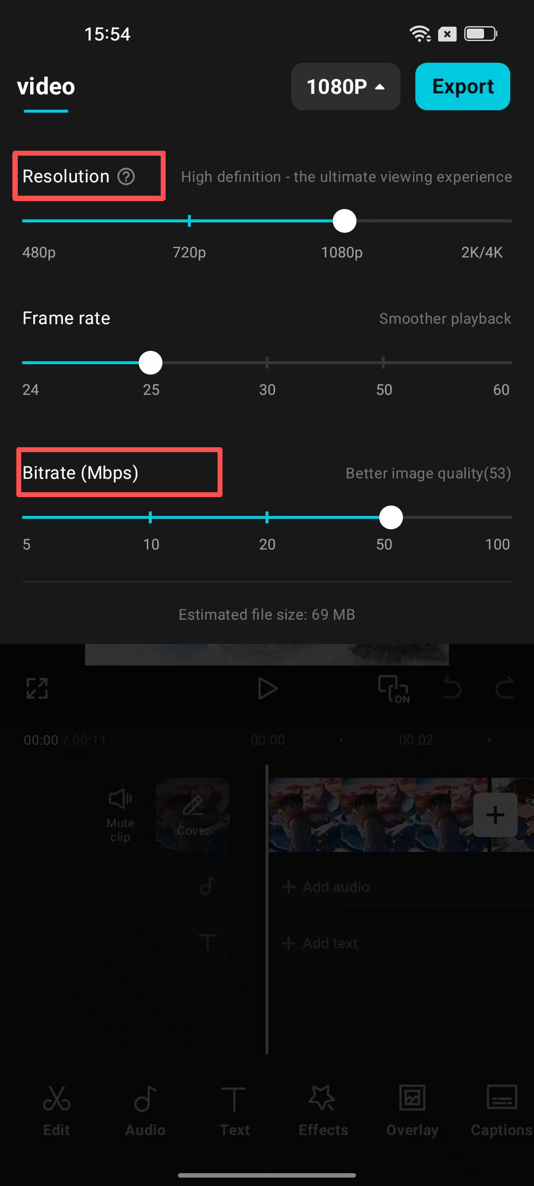 Imposta la risoluzione video e la qualità dell'esportazione
