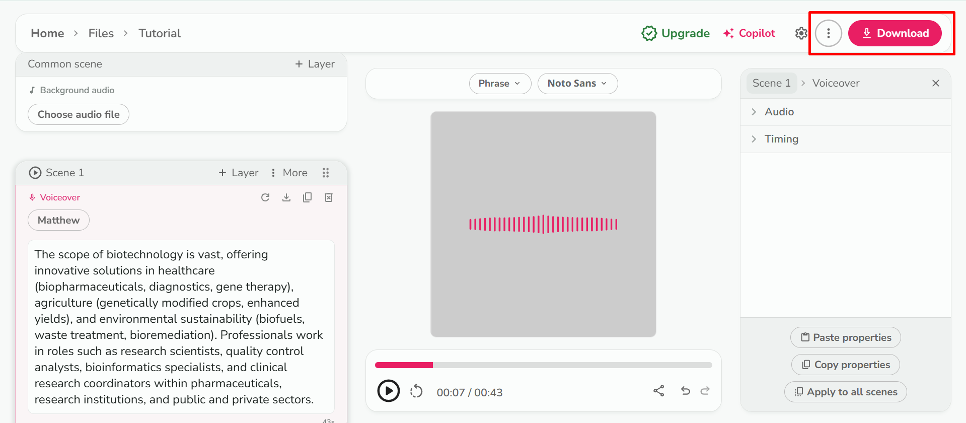 Downloading the audio from the Fliki AI text-to-speech tool