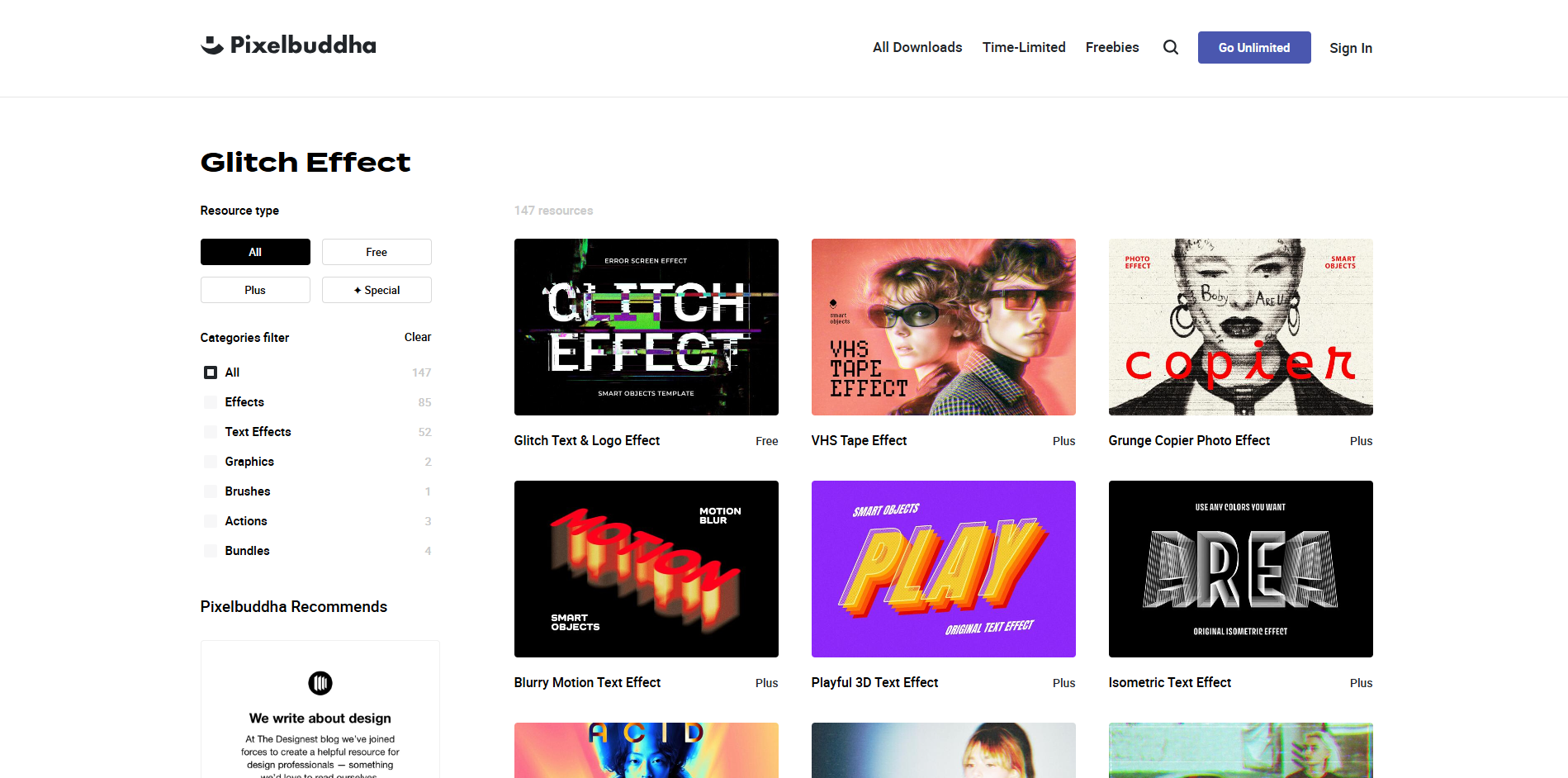 Interfaccia di PixelBuddha - un luogo ideale per trovare effetti glitch per Photoshop