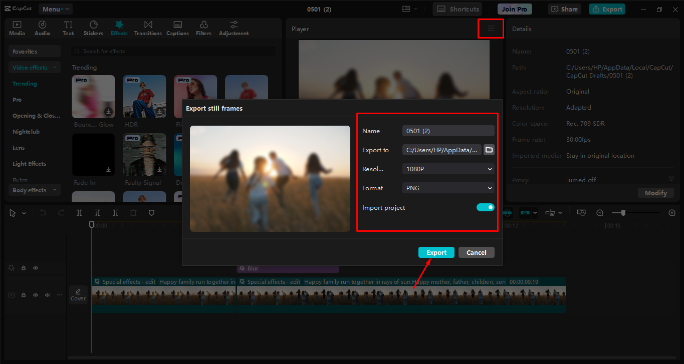 Exportation de vidéo vers l' CapCut éditeur vidéo de bureau