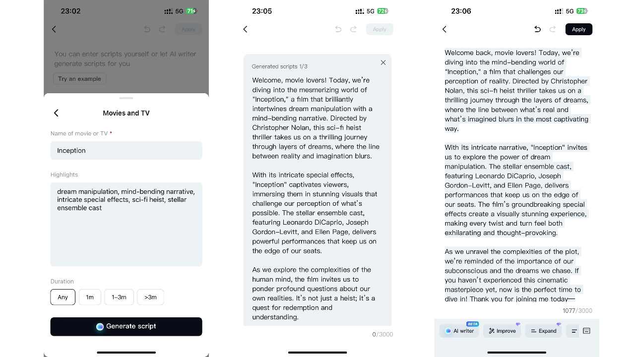 CapCut App's Script to Video - Choose a category and write your script - AI generated script