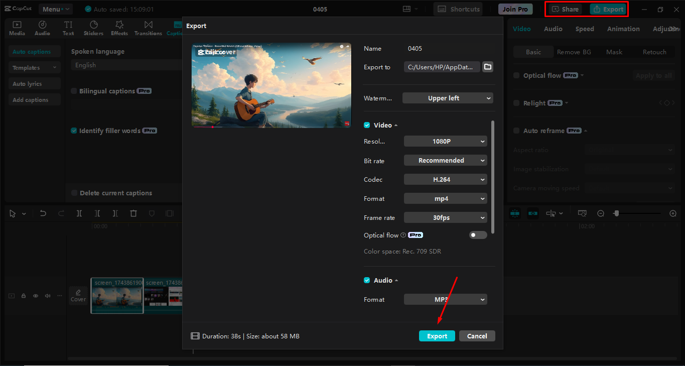 Exportando el video desde el CapCut editor de video de escritorio