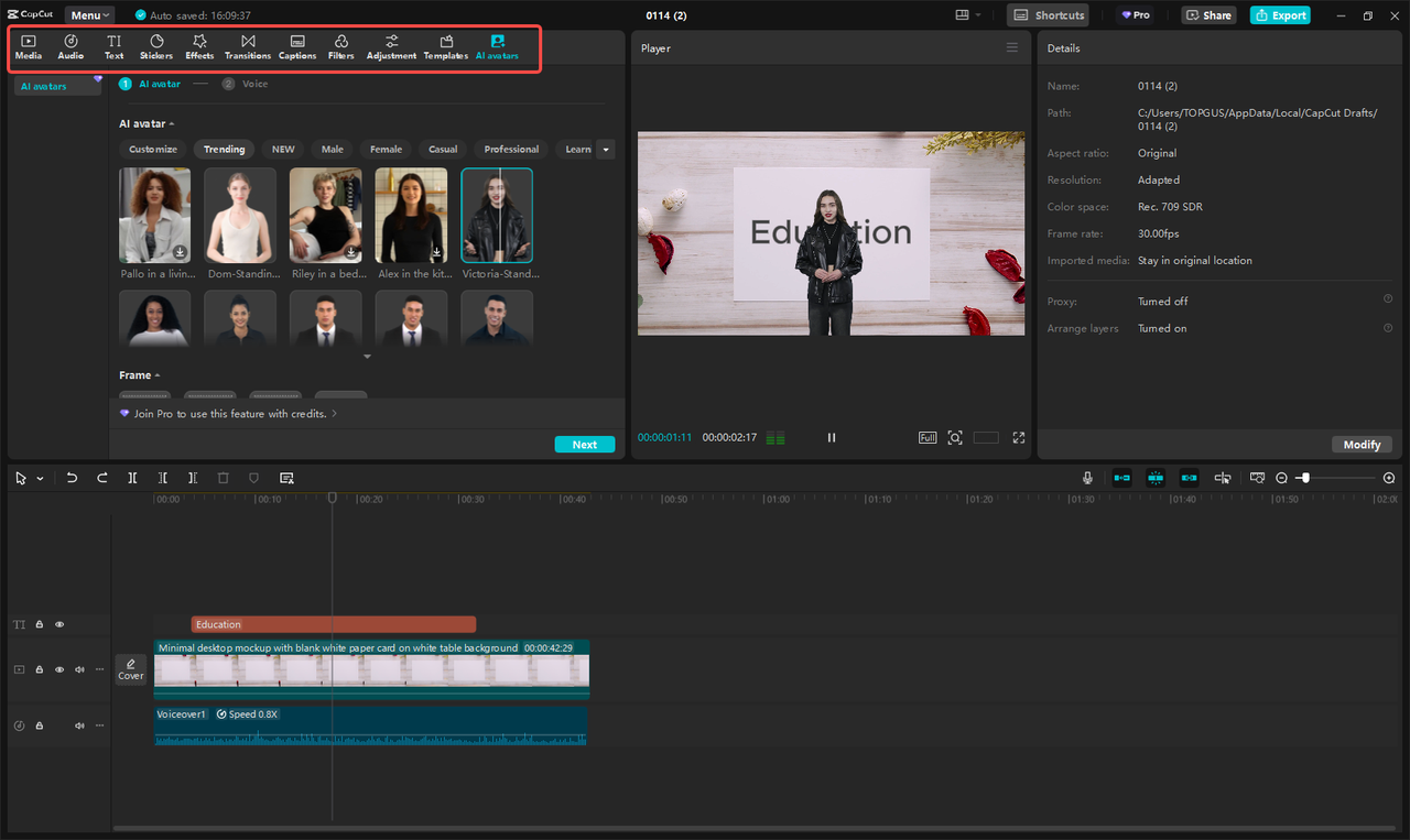 CapCut desktop editor with an avatar presenter and explainer video timeline