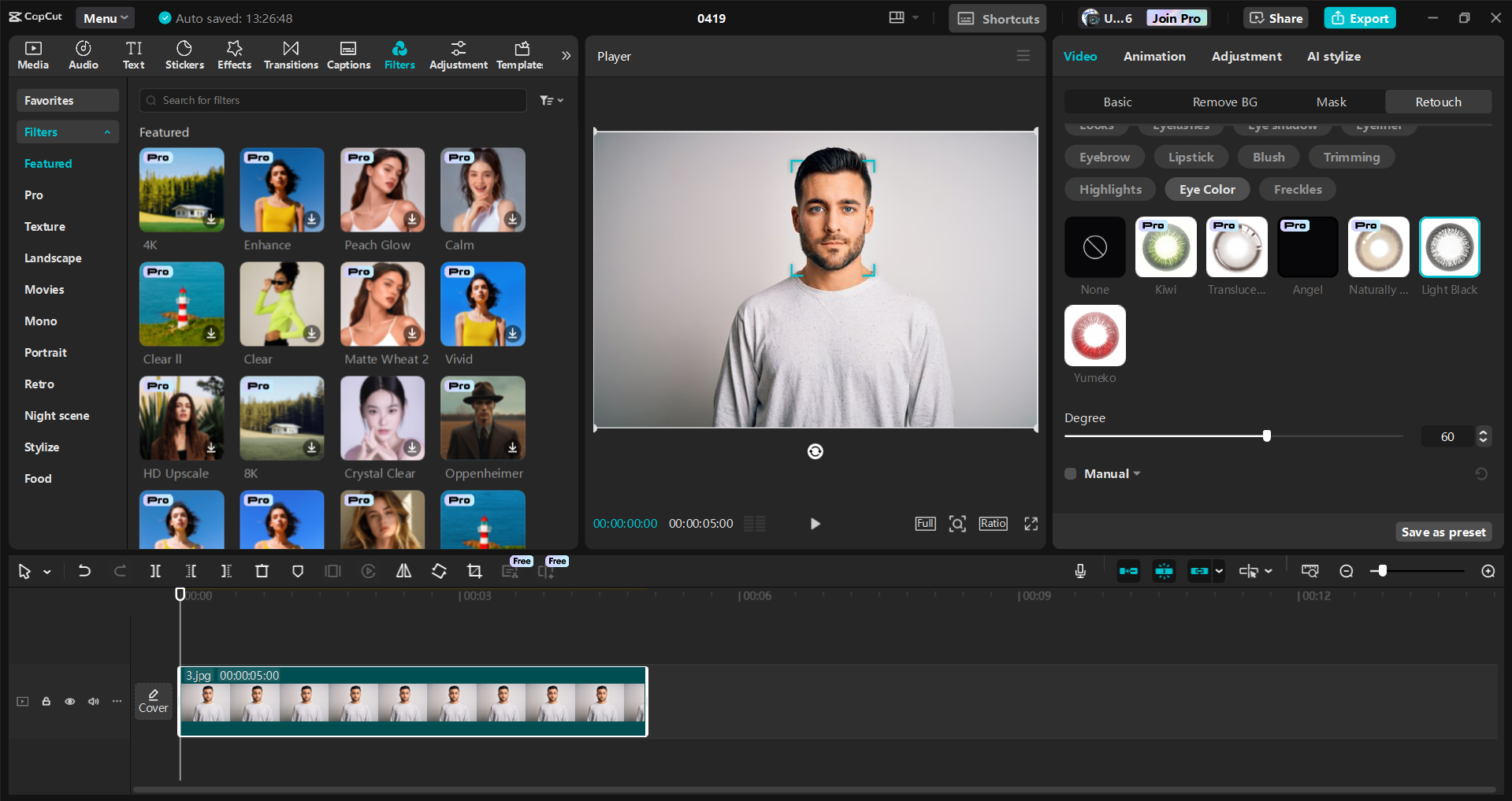 Interface of the CapCut desktop video editor - a user friendly way to change eye color in photos