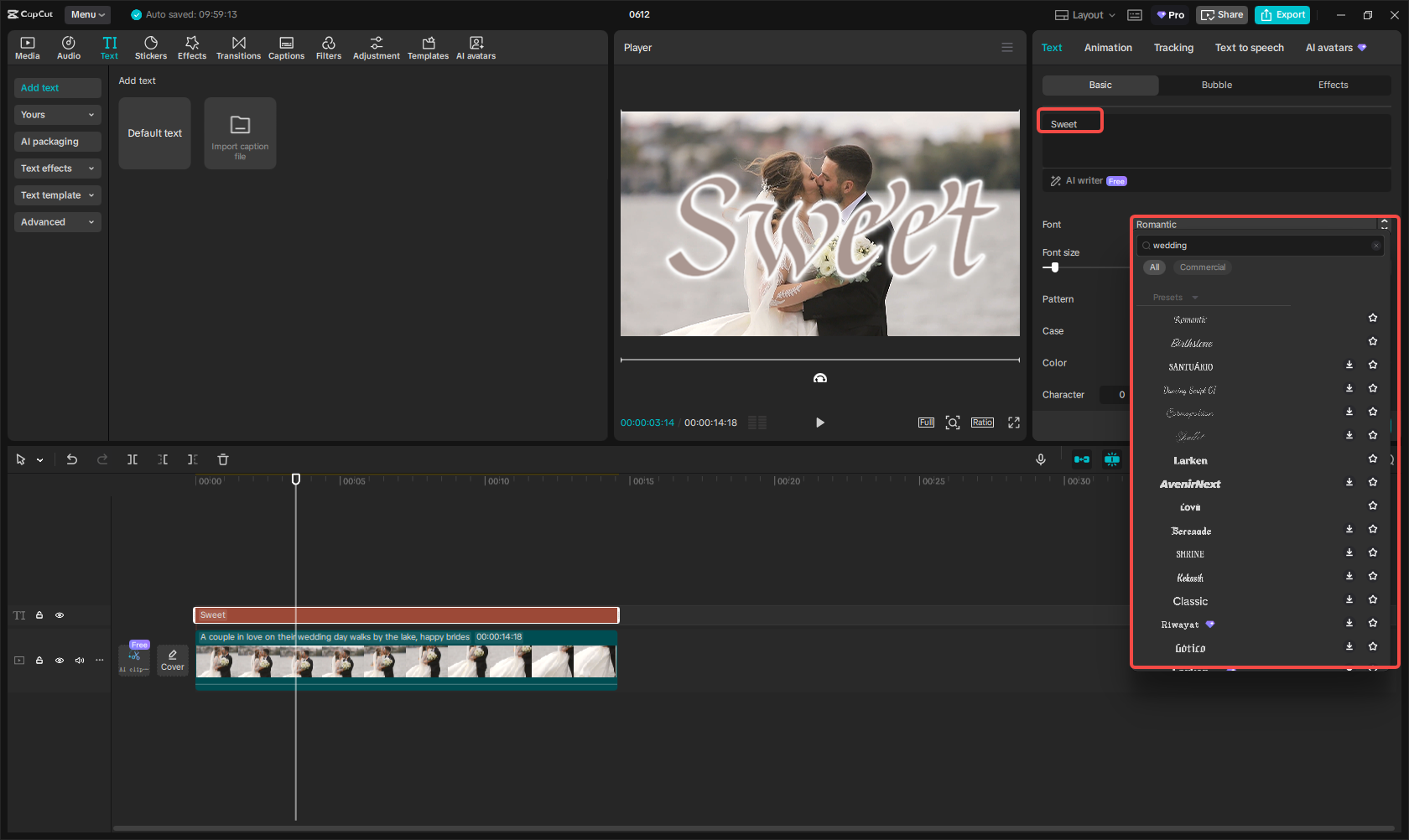 Adding wedding text to the video in CapCut