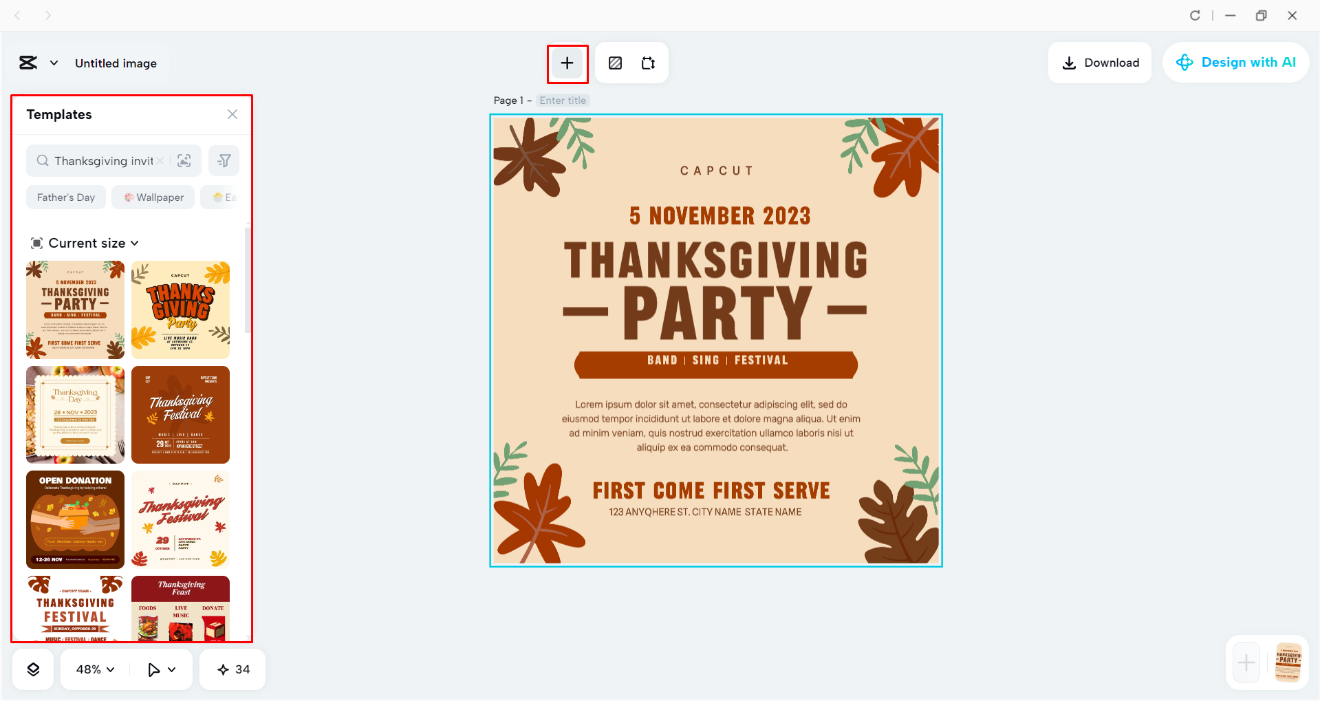 Choosing a Thanksgiving invitation template in the CapCut desktop video editor