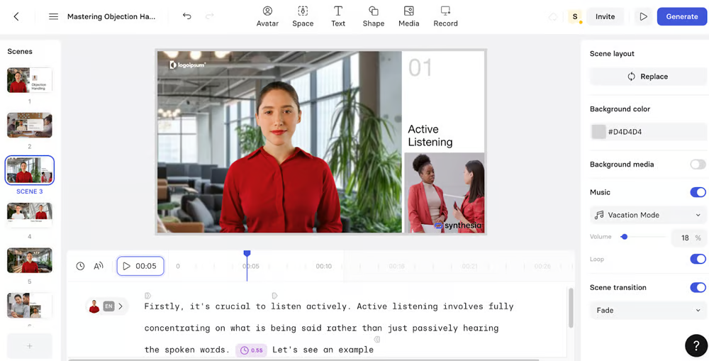 Interface of Synthesia - a user-friendly video maker for marketing