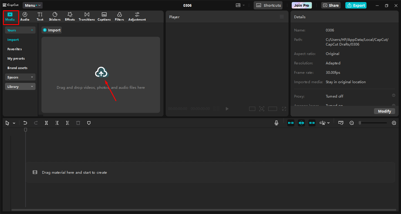 Caricamento di video nell' CapCut editor video desktop