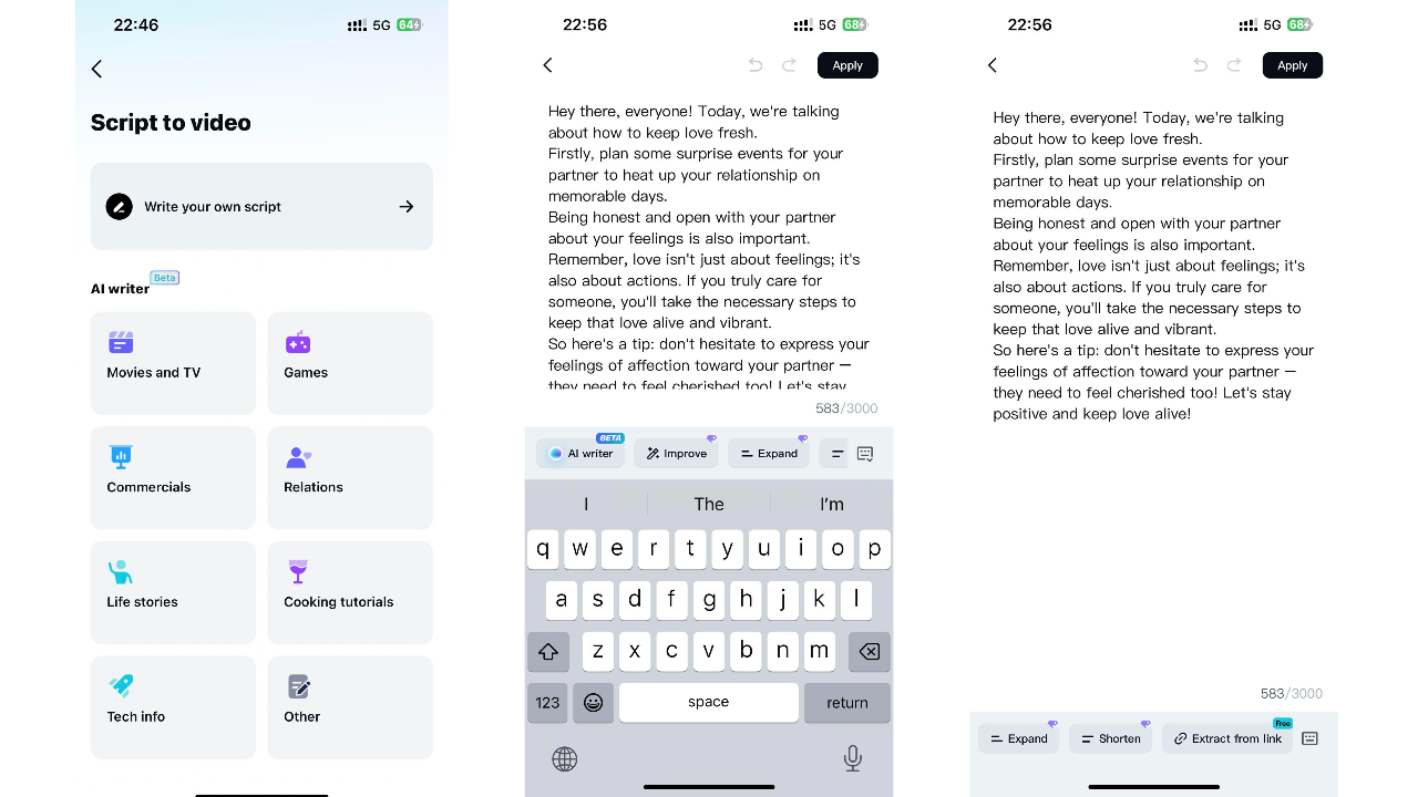 CapCut App's Script to Video - Choose a category and write your script - manually