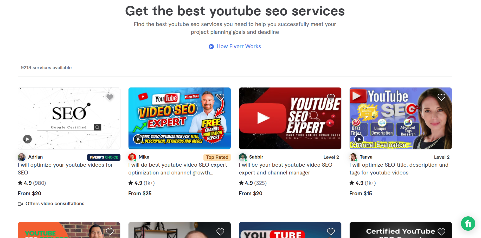 Elenco dei servizi SEO di Fiverr YouTube