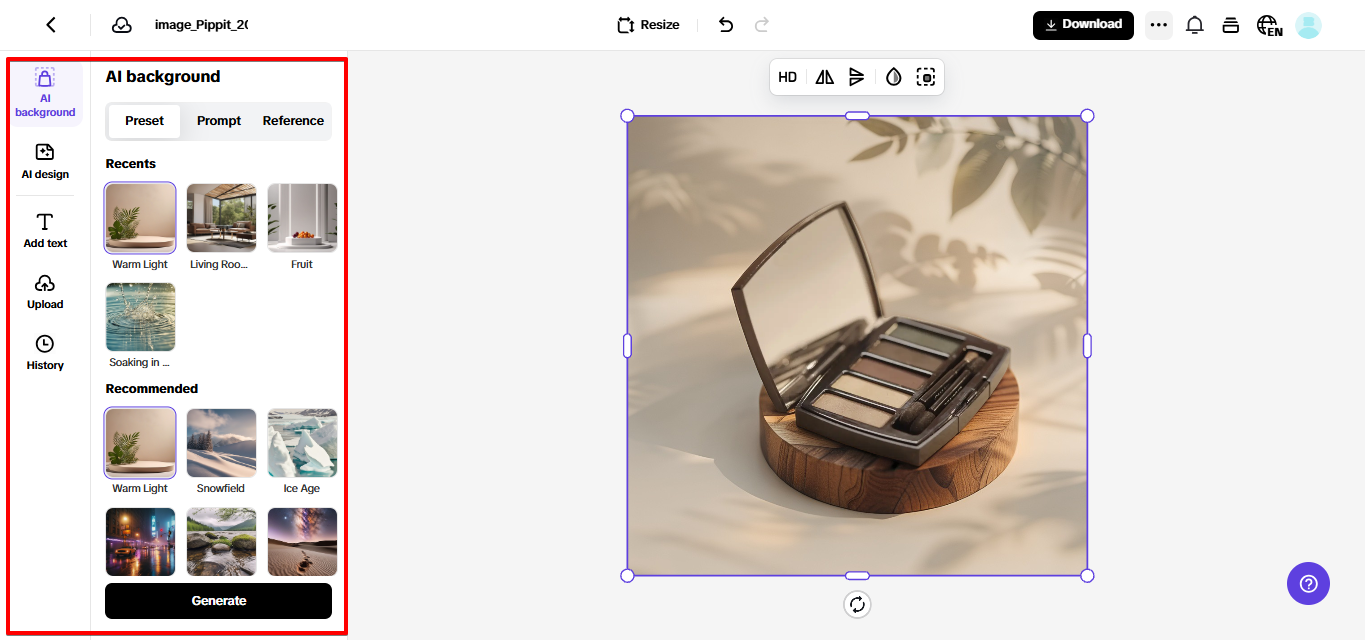 Creating product image in Pippit