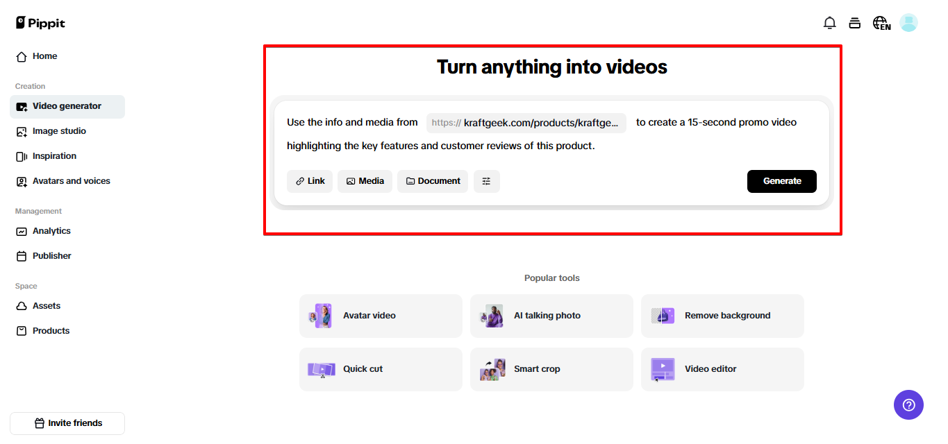Proporcionando información al generador de videos de Pippit