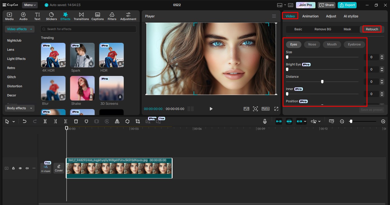 Edite a foto do olho no editor de vídeo para desktop CapCut