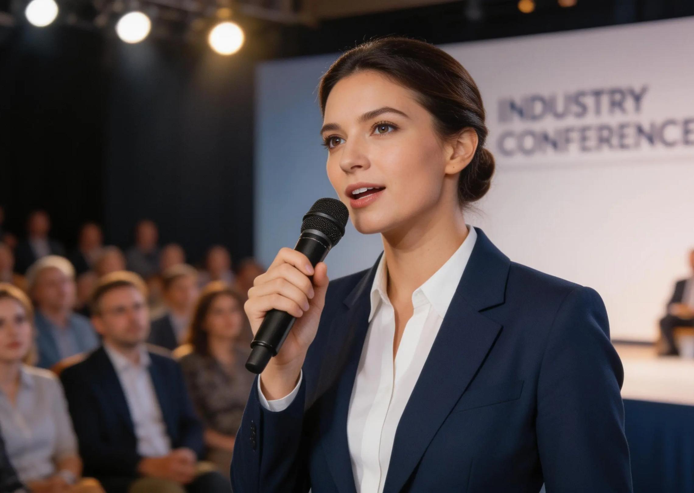 Generate an audio clip of a confident female speaker presenting at a conference