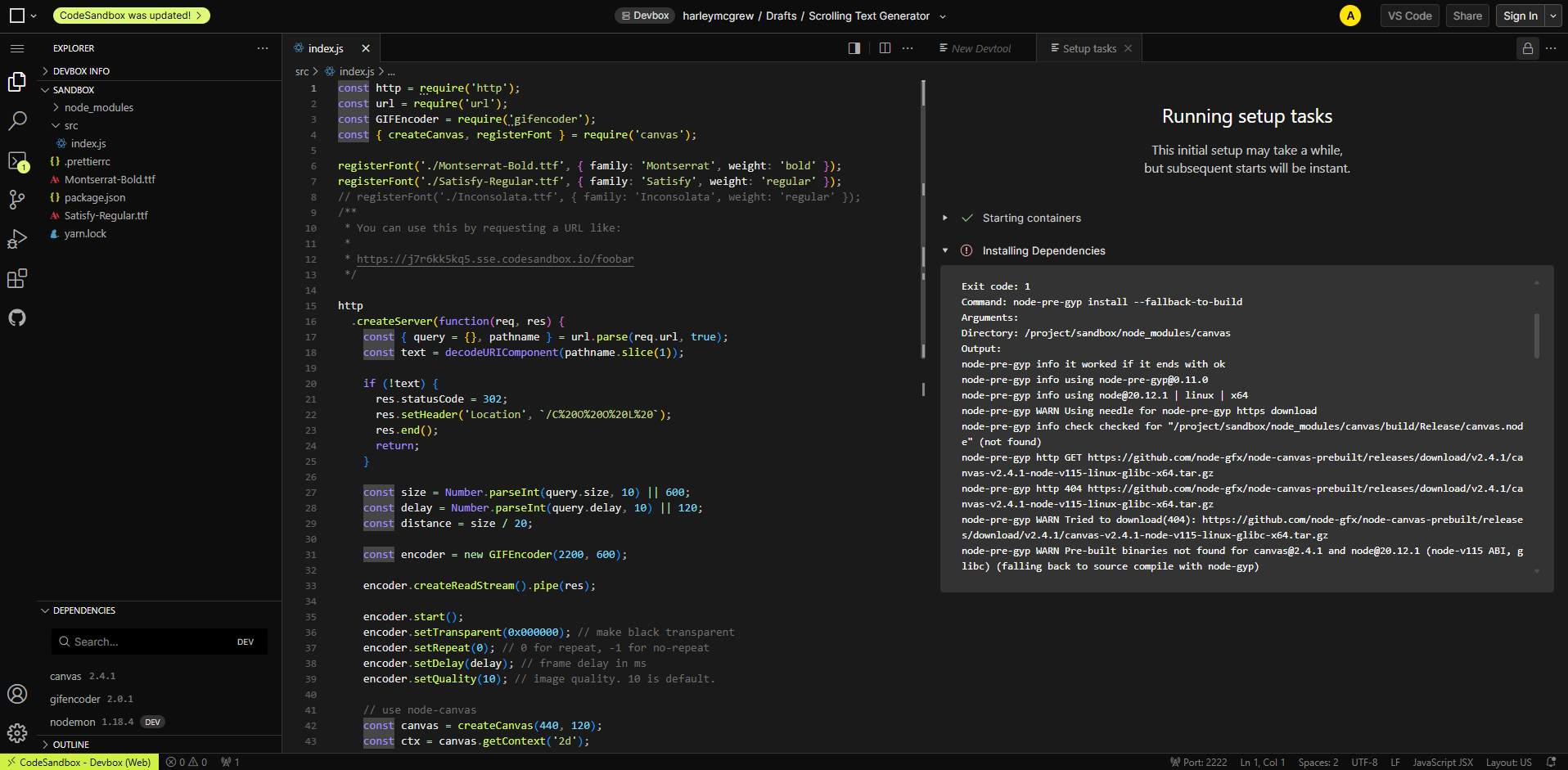 Interface do CodeSandbox - um criador de texto rolável fácil de usar