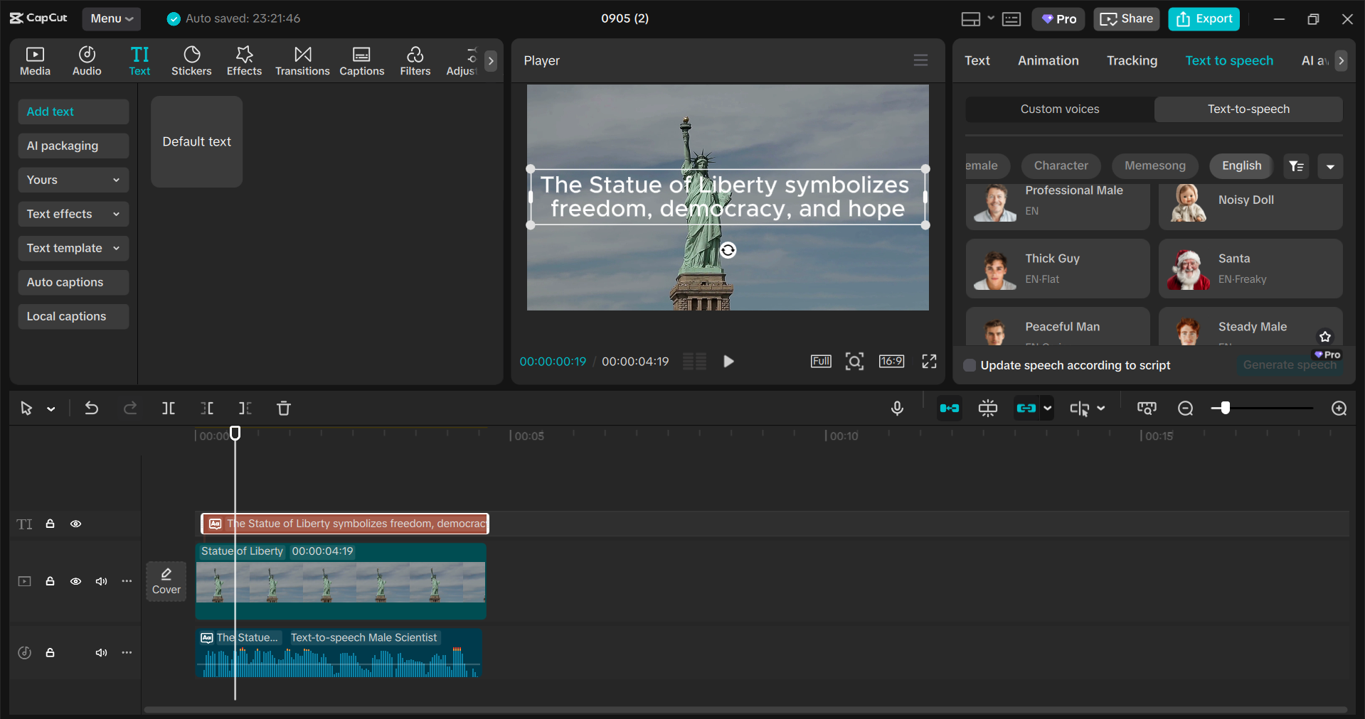 Interface of the CapCut desktop video editor - the best tool for converting text to speech