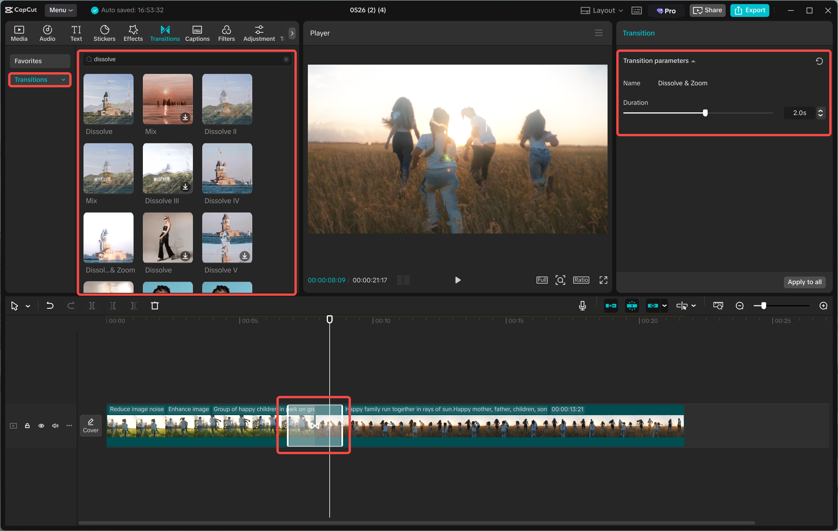 Applicare un effetto dissolvenza a un video nell' CapCut editor video desktop
