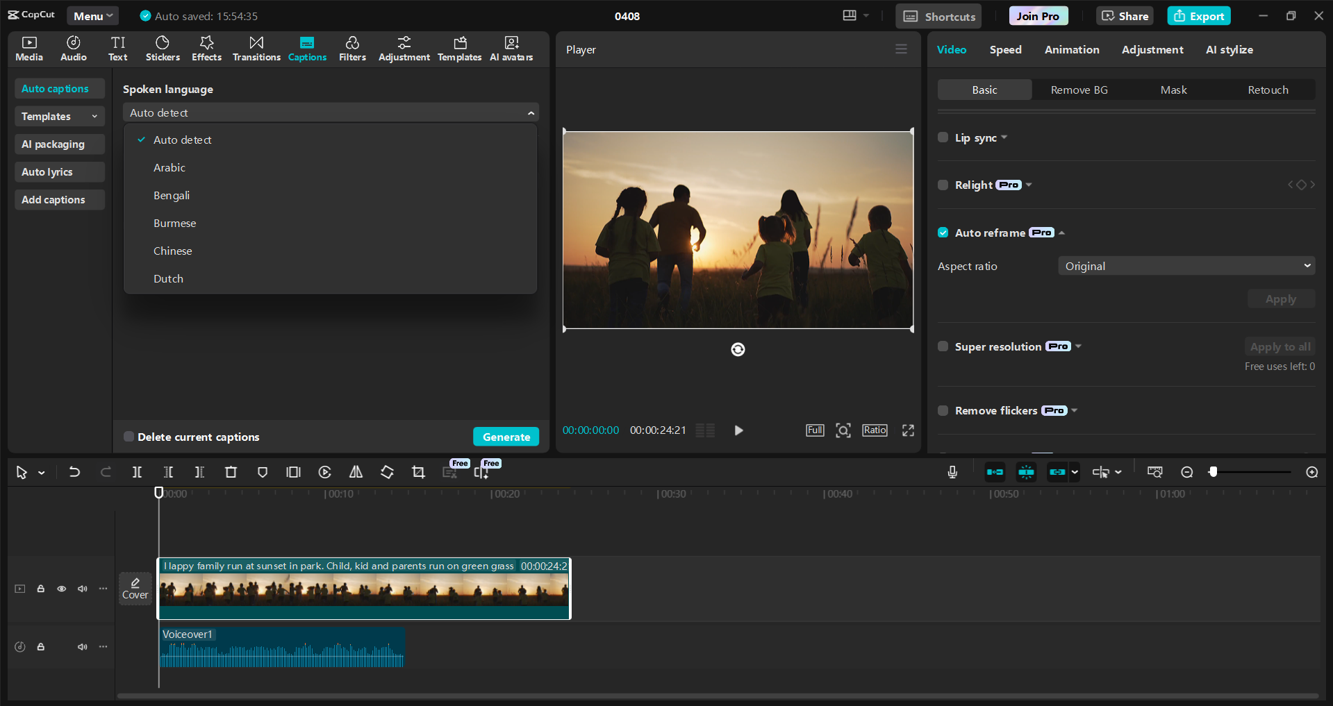 Interface do editor de vídeo para desktop CapCut - uma maneira fácil de converter áudio em texto em vídeos