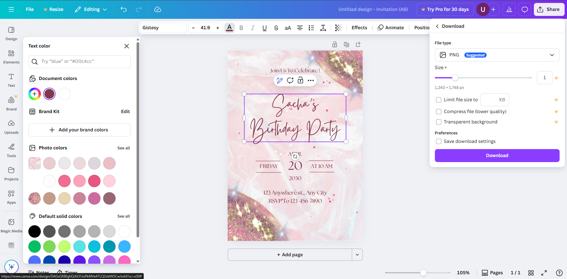 Downloading the invitation card from Canva