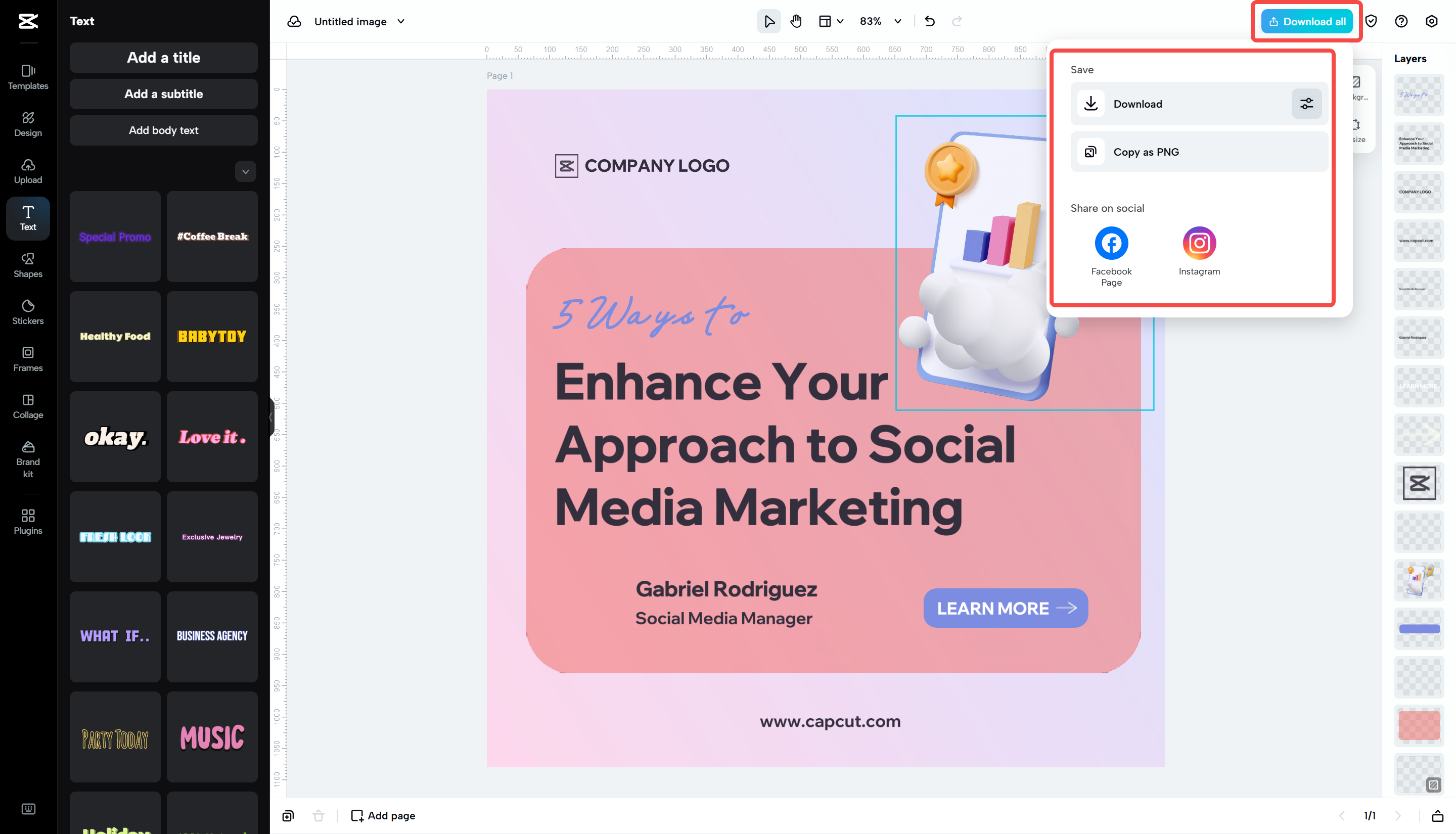 Xuất bài đăng mạng xã hội từ CapCut Web