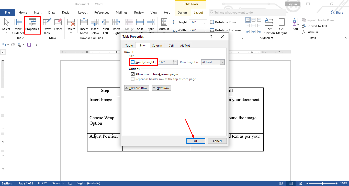 L'accès aux propriétés de la table enveloppe un mot dans une table sur Microsoft Word