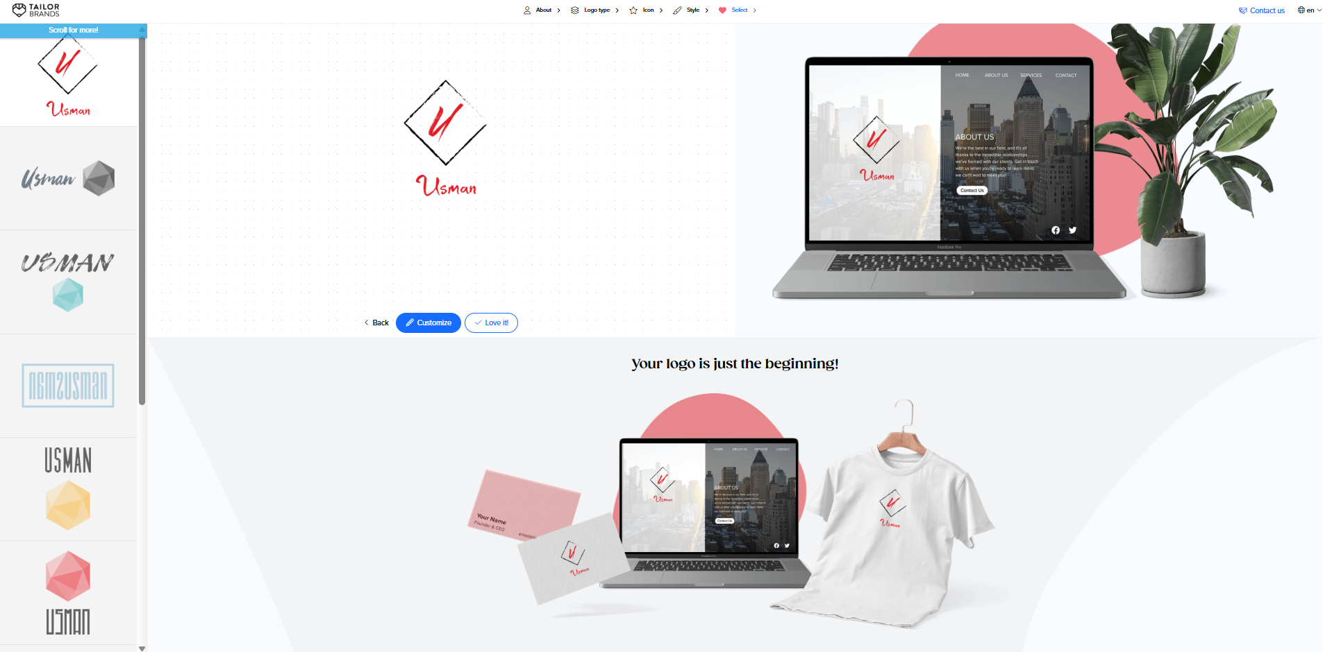Antaramuka Tailor Brands - alat lain untuk membuat reka bentuk logo penjenamaan