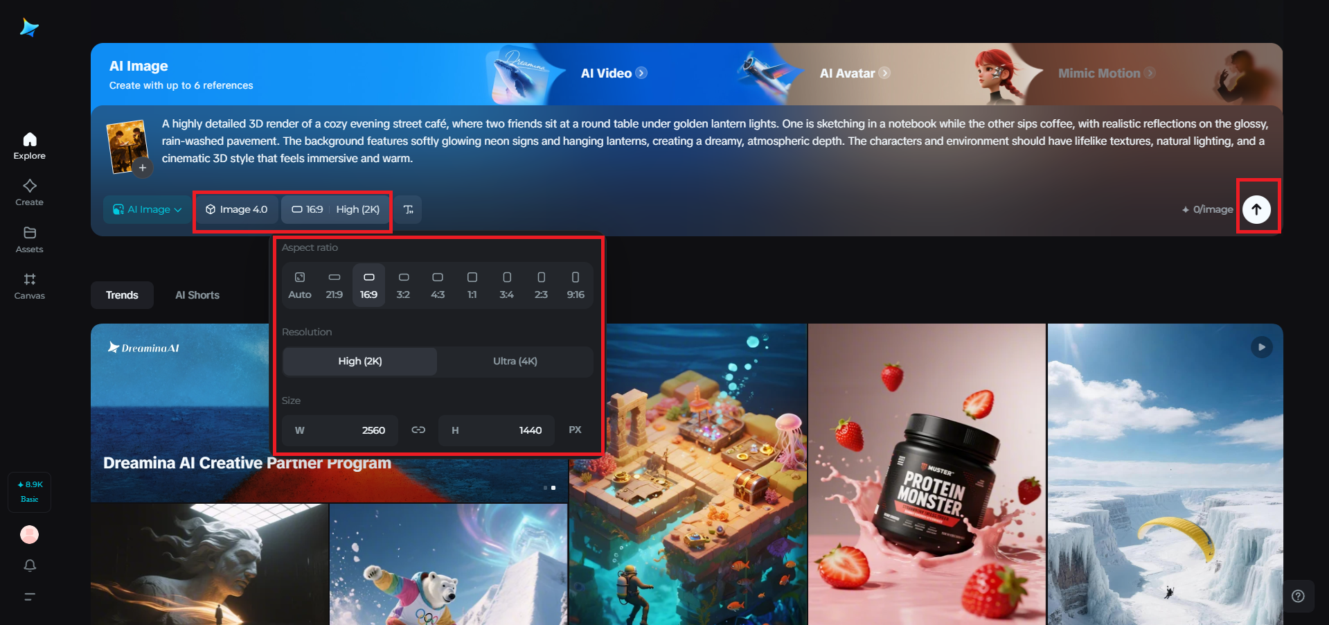 Select model, ratio, and resolution settings