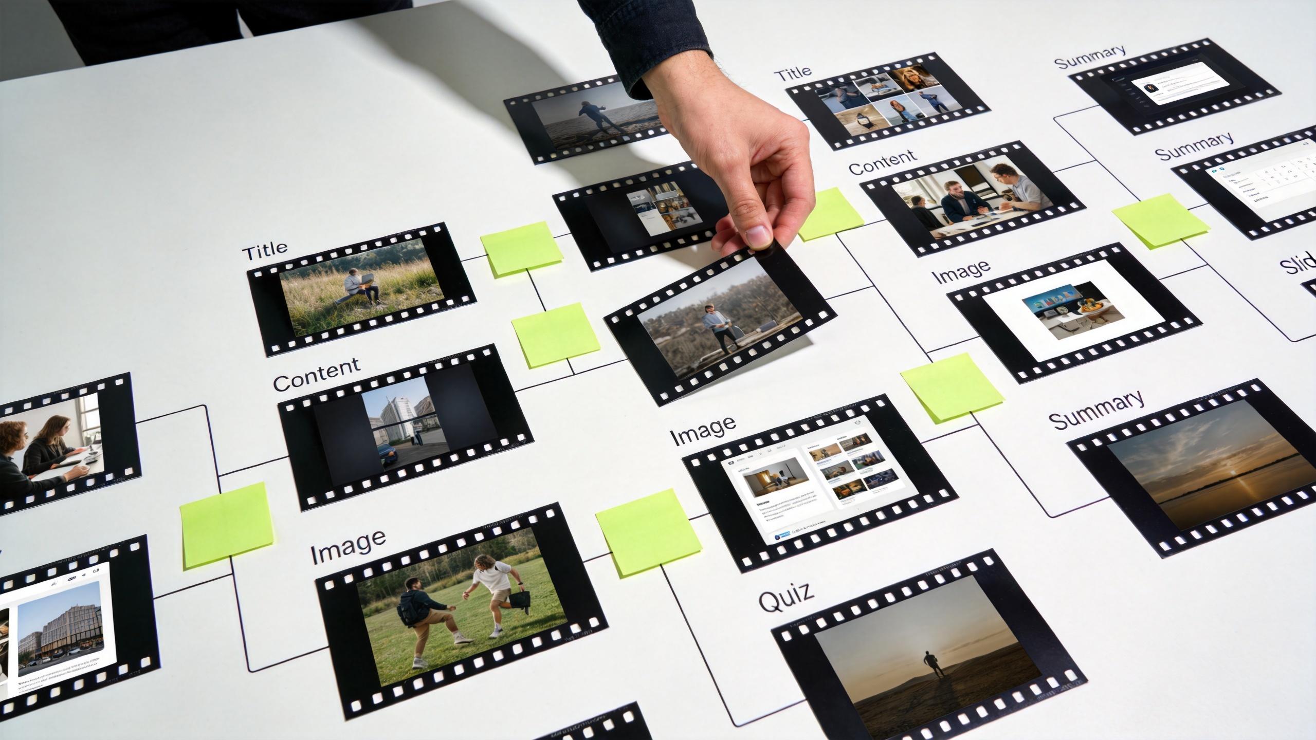 Hand arranging filmstrip-style slides on a flowchart template with labels like Title, Content, Image, Summary, and Quiz