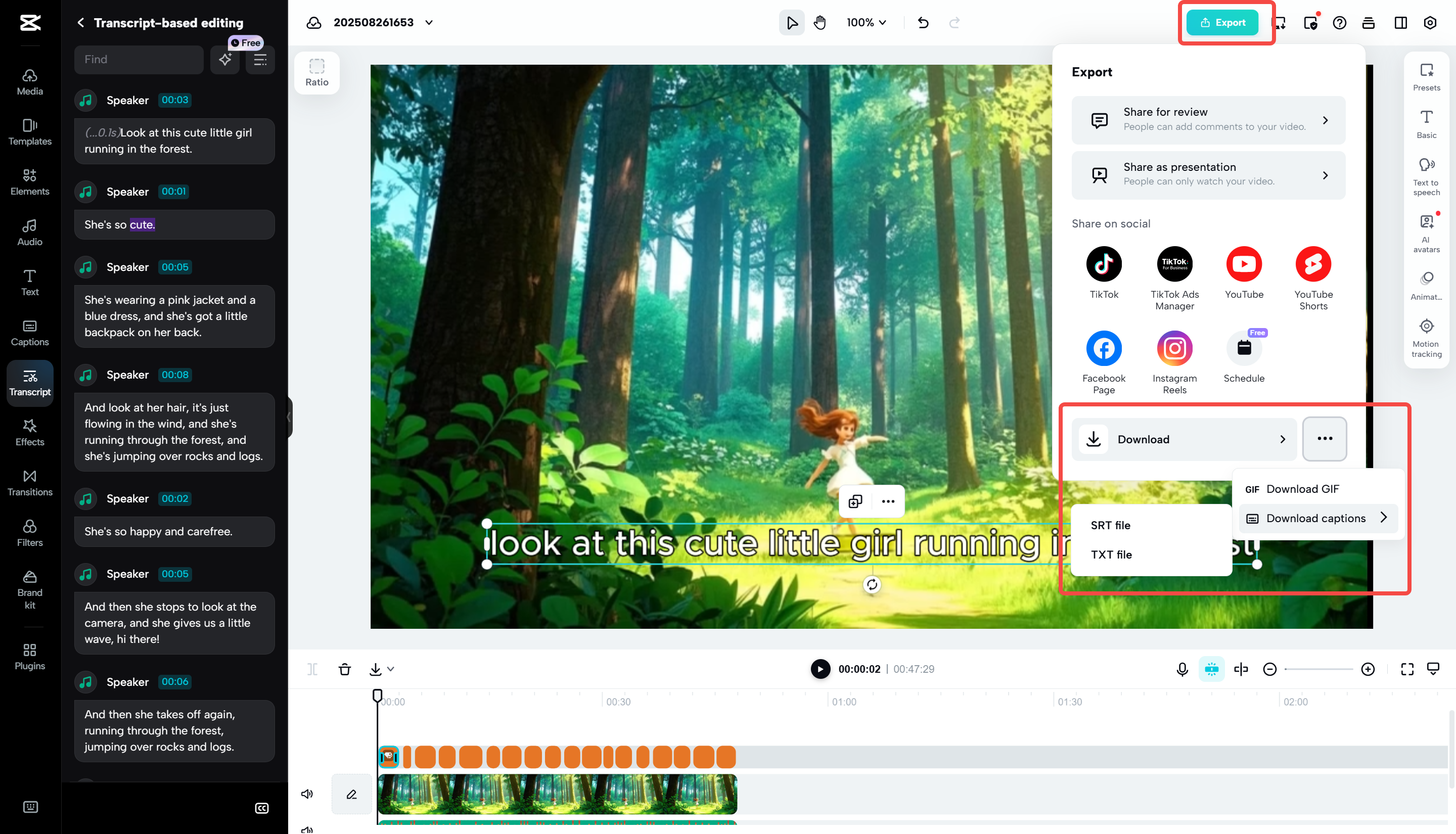 Exporta solo los subtítulos o el video con subtítulos en CapCut Web
