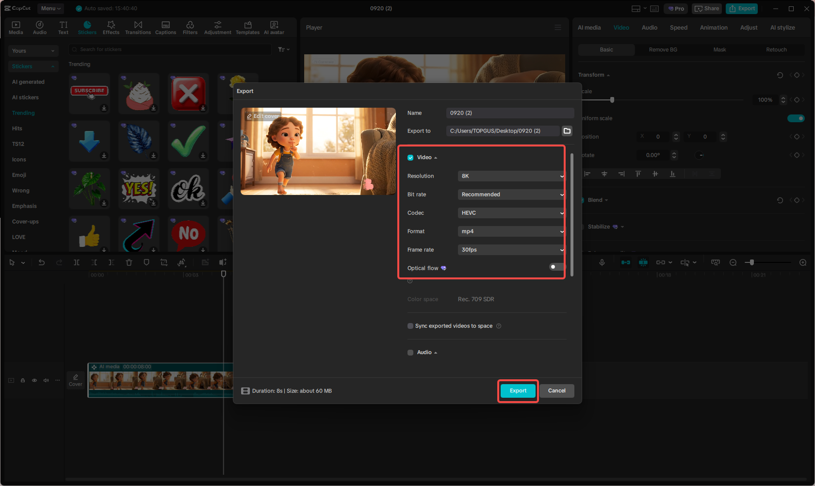 Exporting the AI video in CapCut