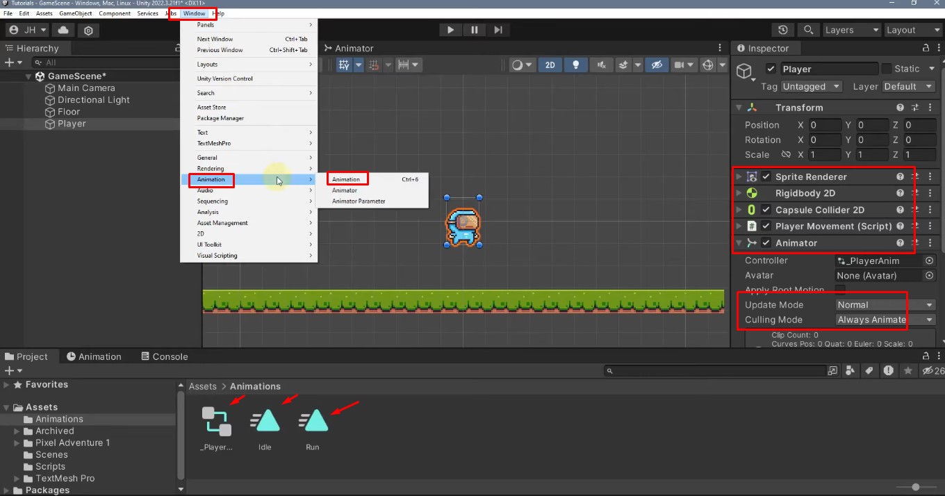 Assigning an animation to a GameObject in Unity animation software.