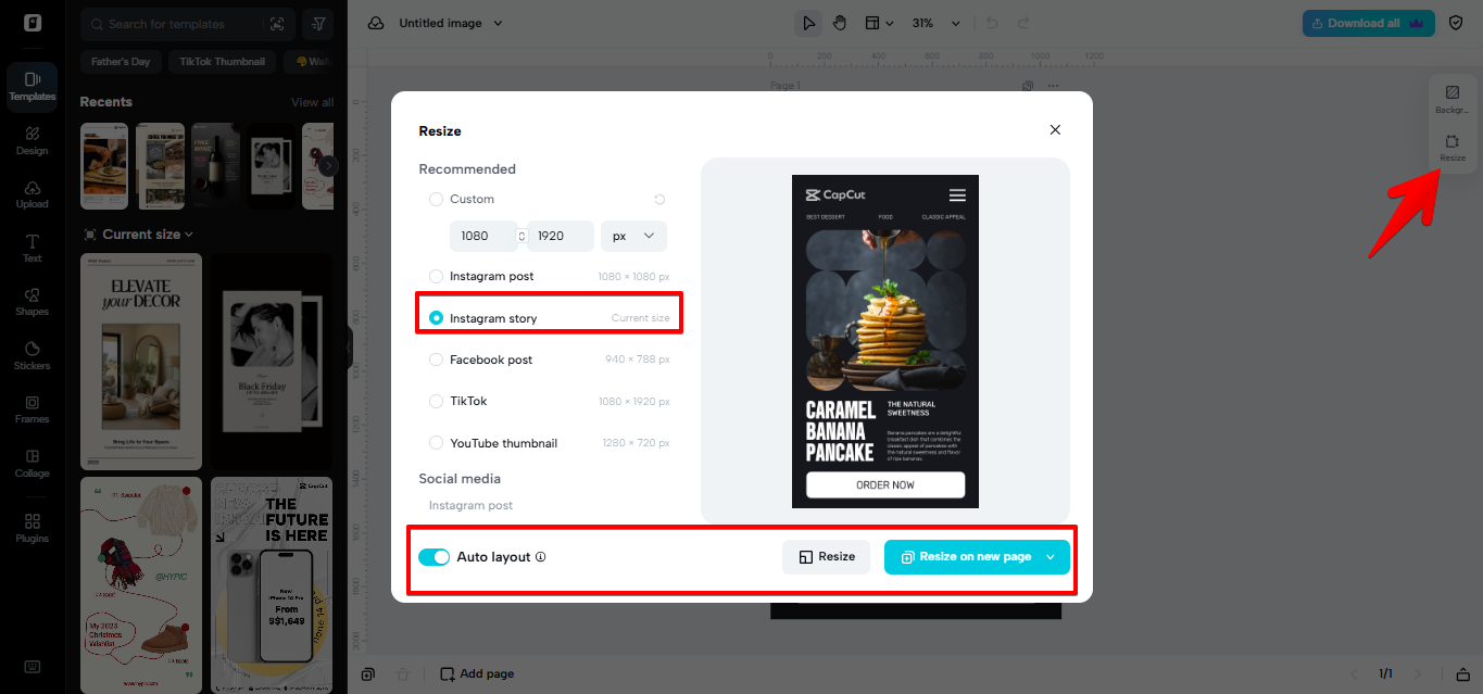 Resize option in Pippit