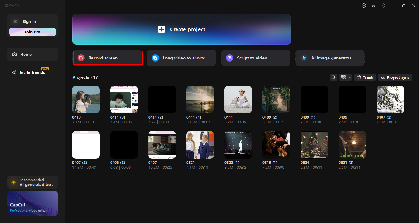 Recording the screen in the CapCut desktop video editor