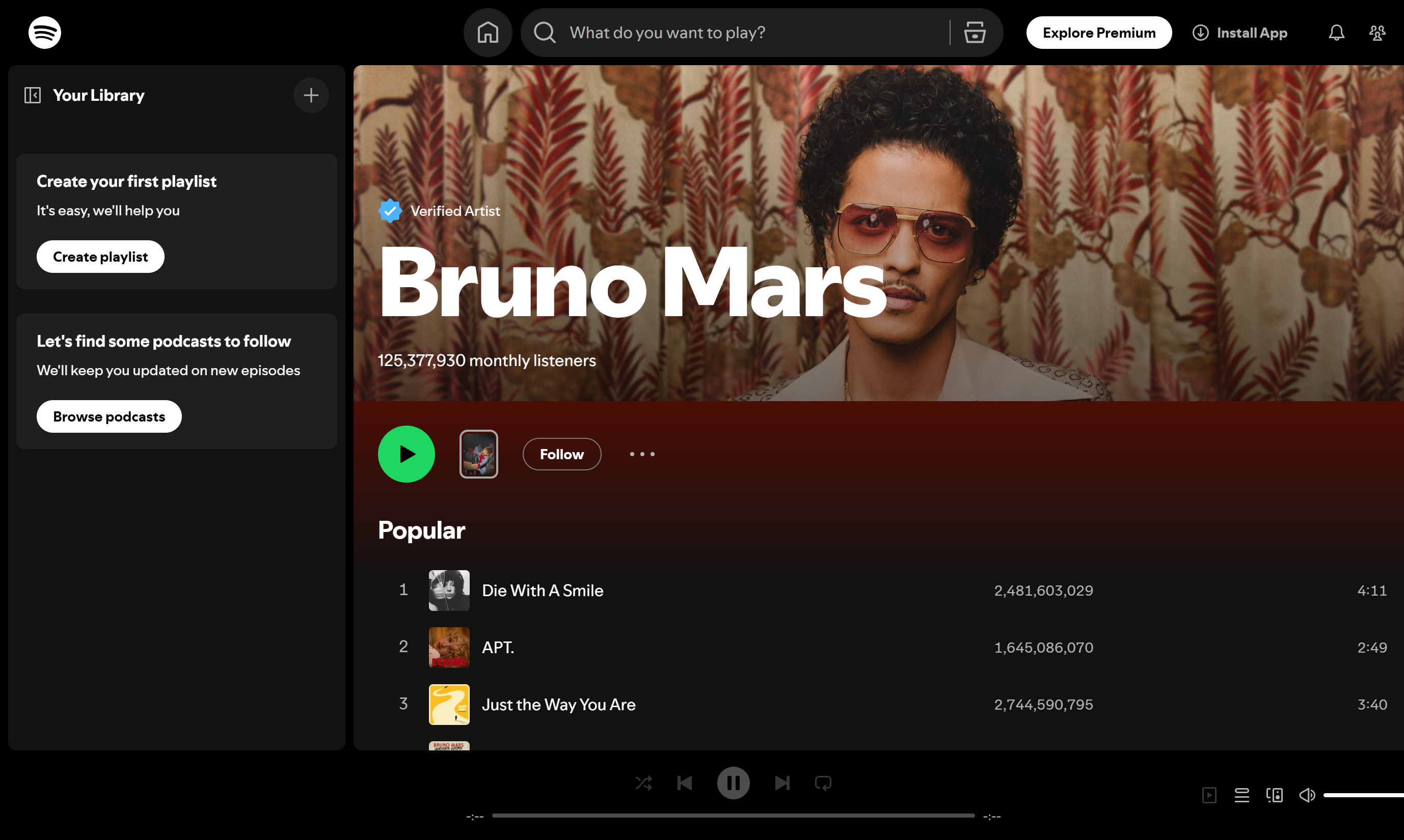 Bruno Mars—highest streamed artist on Spotify