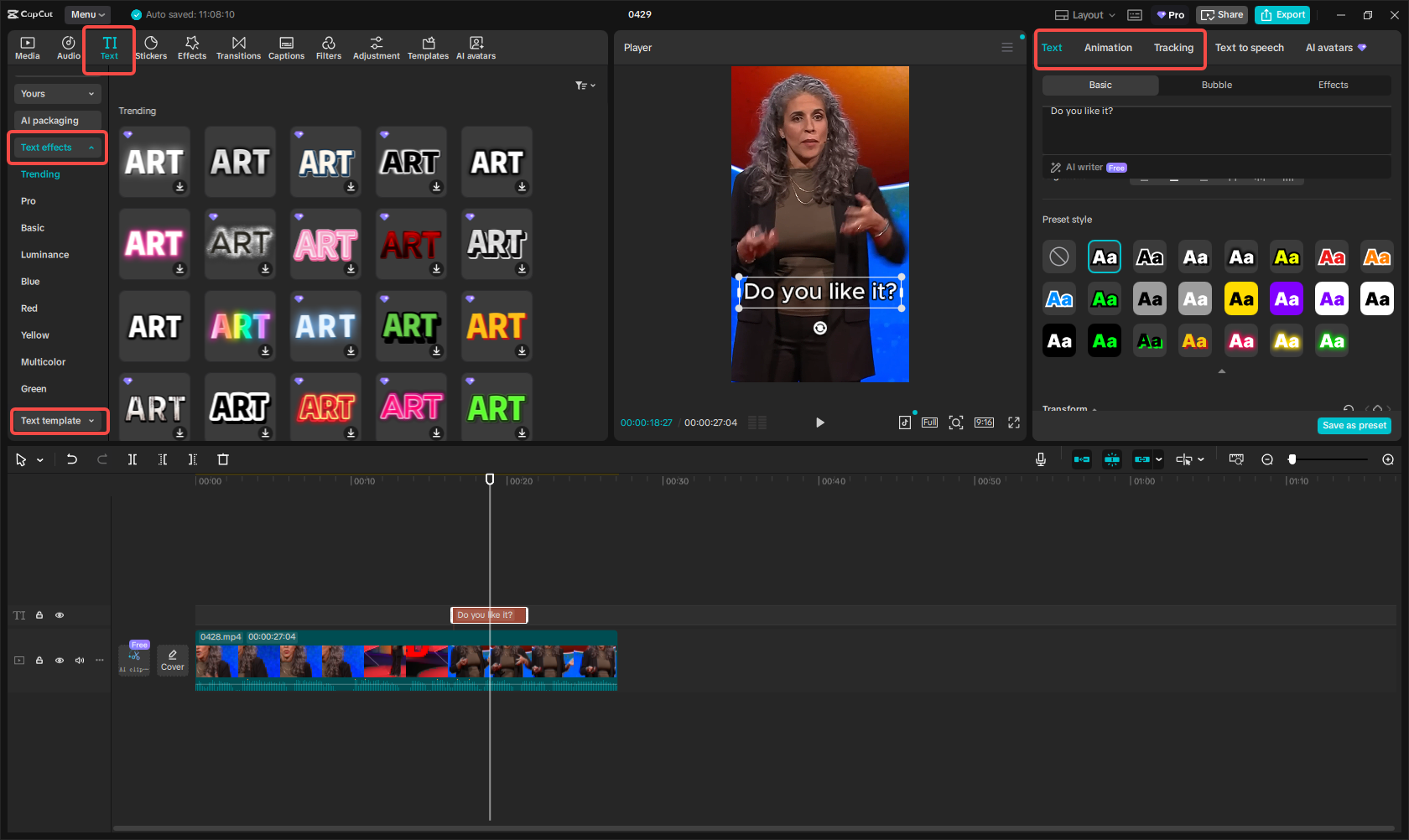Adding text effects to the videos in CapCut