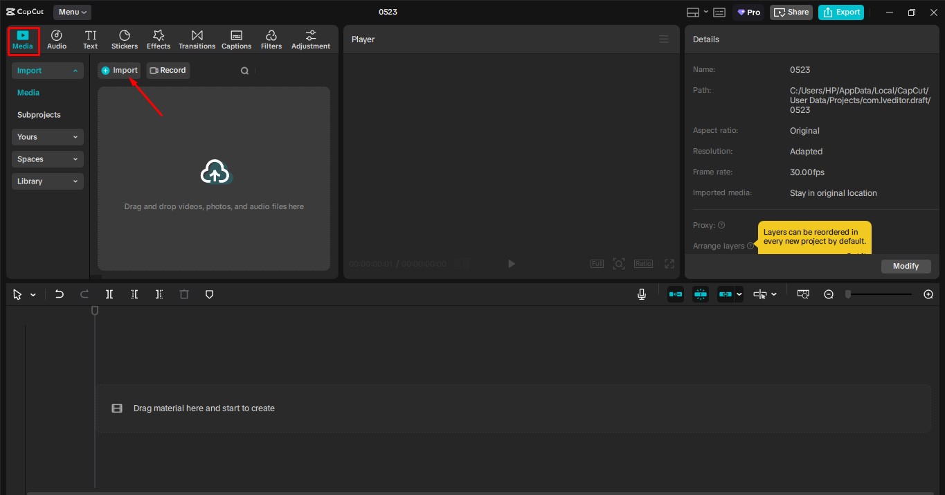 Importar uma imagem para o editor de vídeo de desktop CapCut