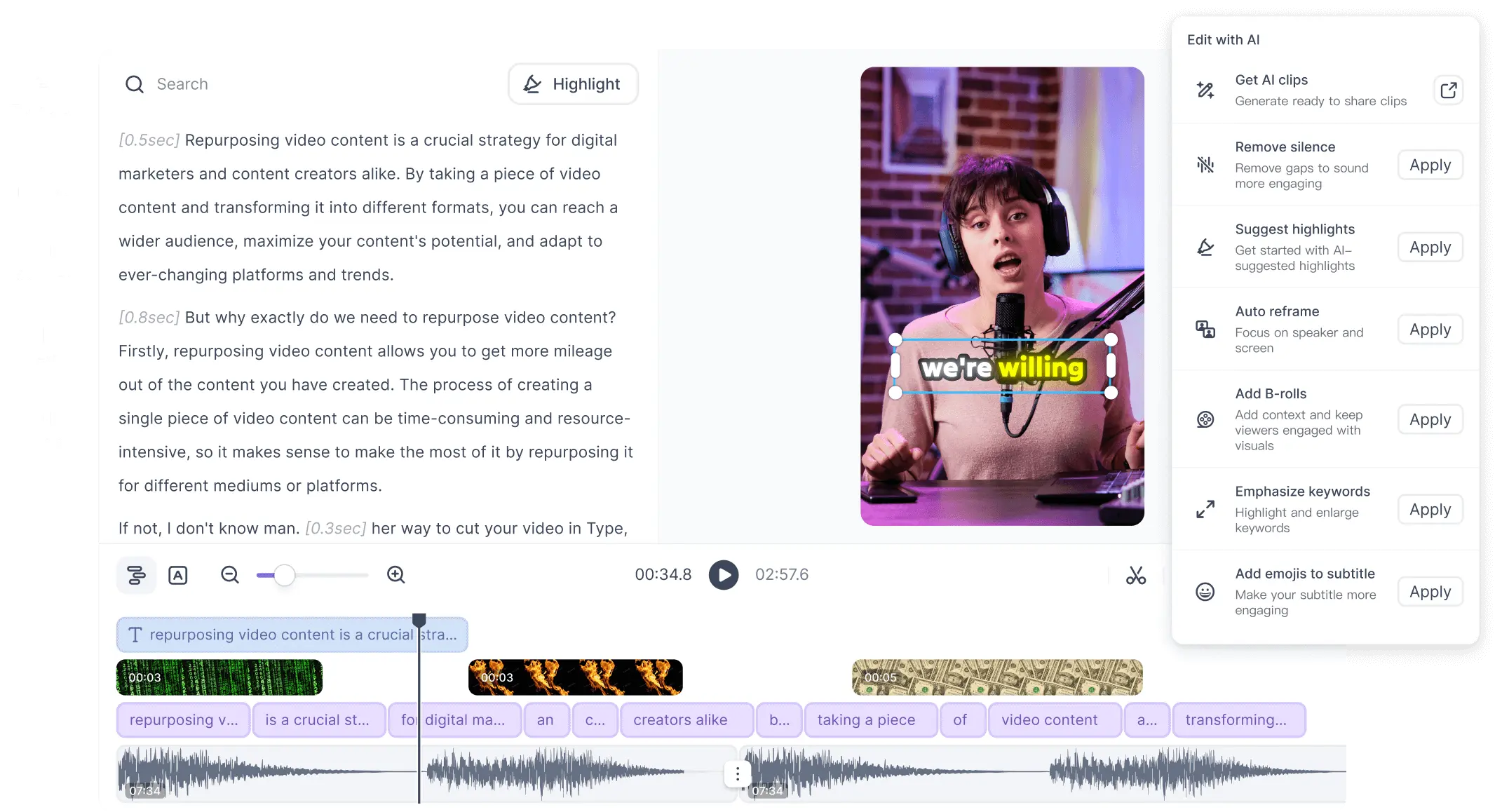 Interface of Vizard AI - an easy to use tool for AI video transcription