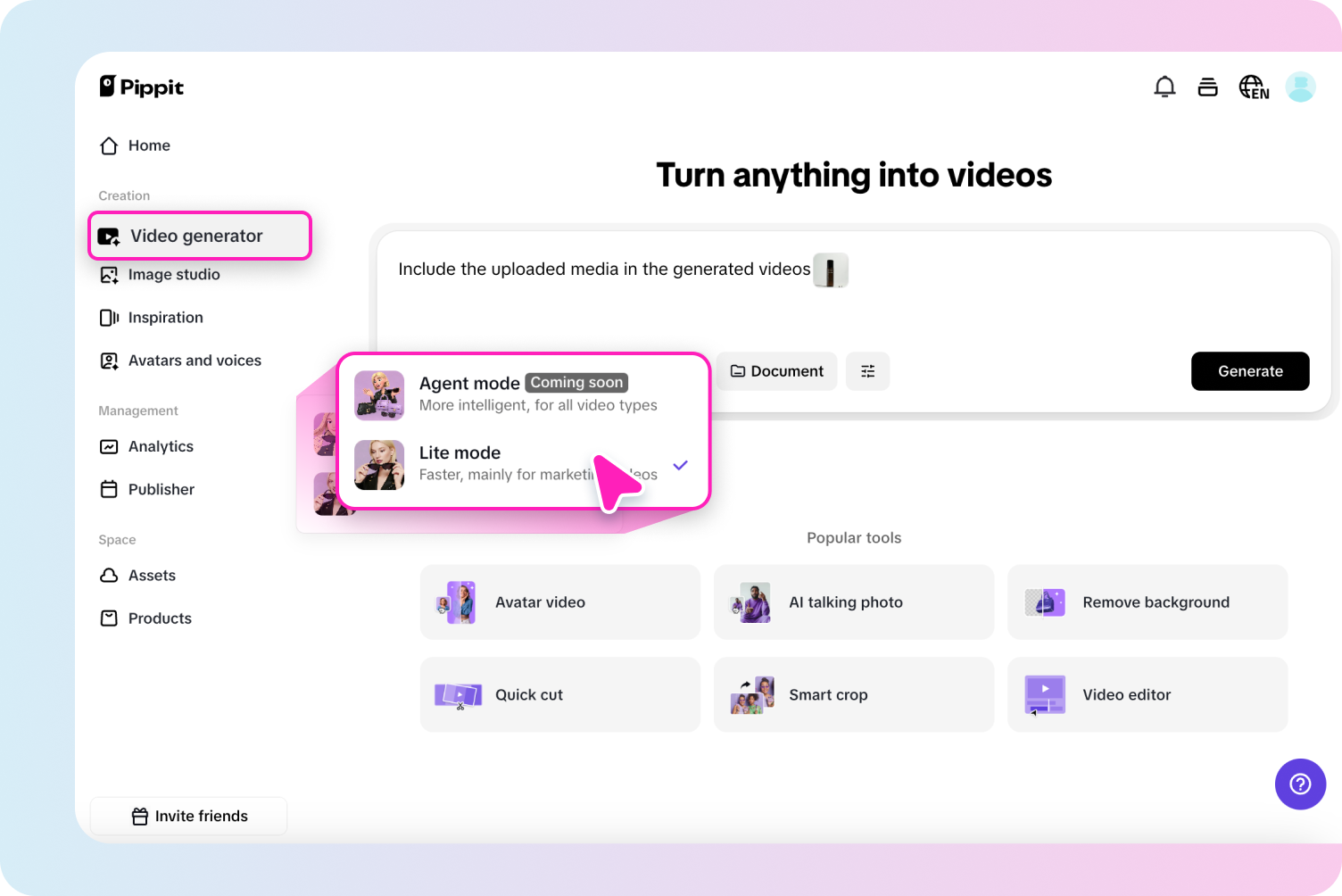 Upload your content in the video generator