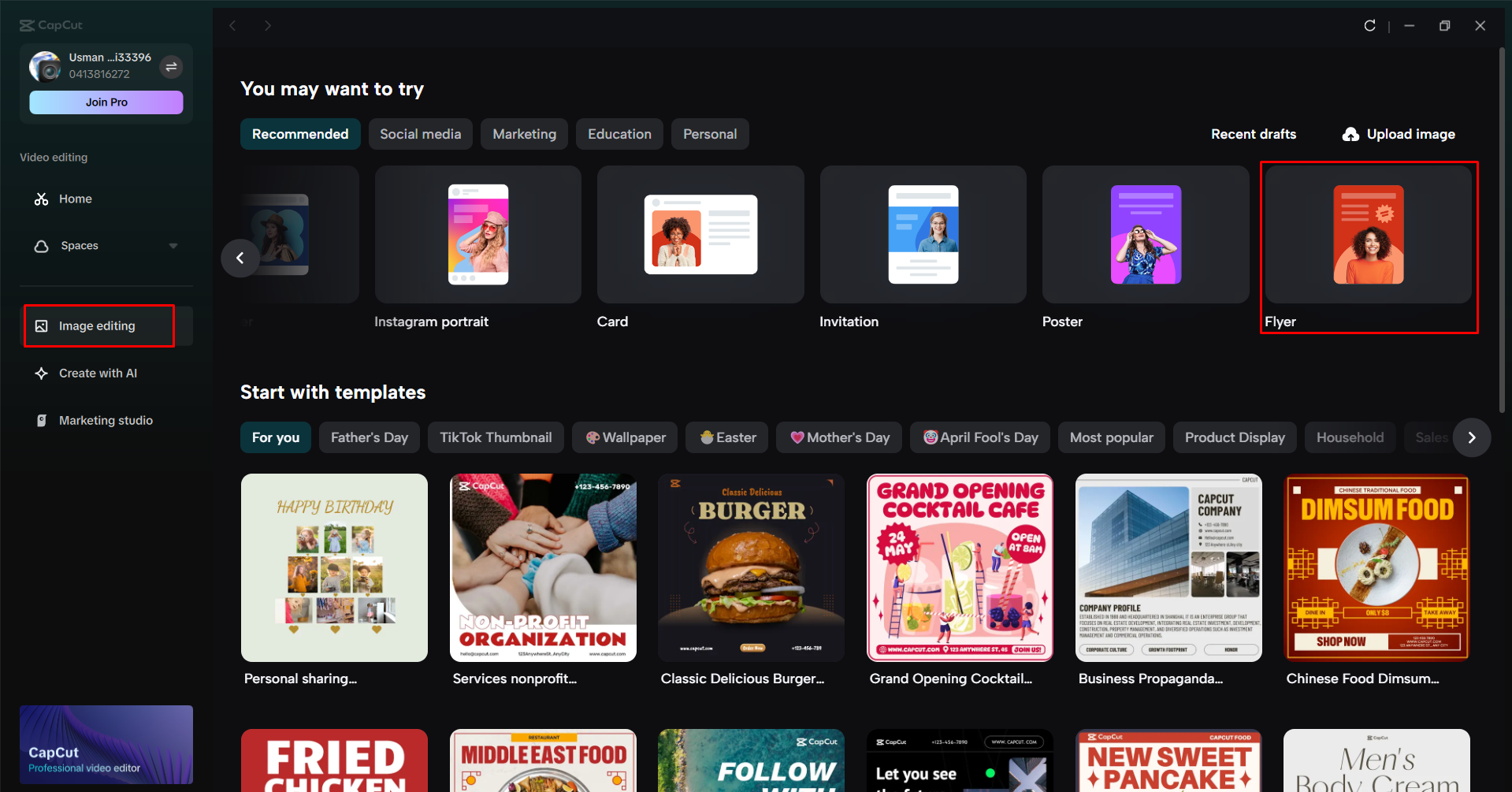 Opening the flyer tool in the CapCut desktop video editor