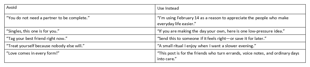 Table with Avoid and Use Instead columns showing Valentine's Day caption examples