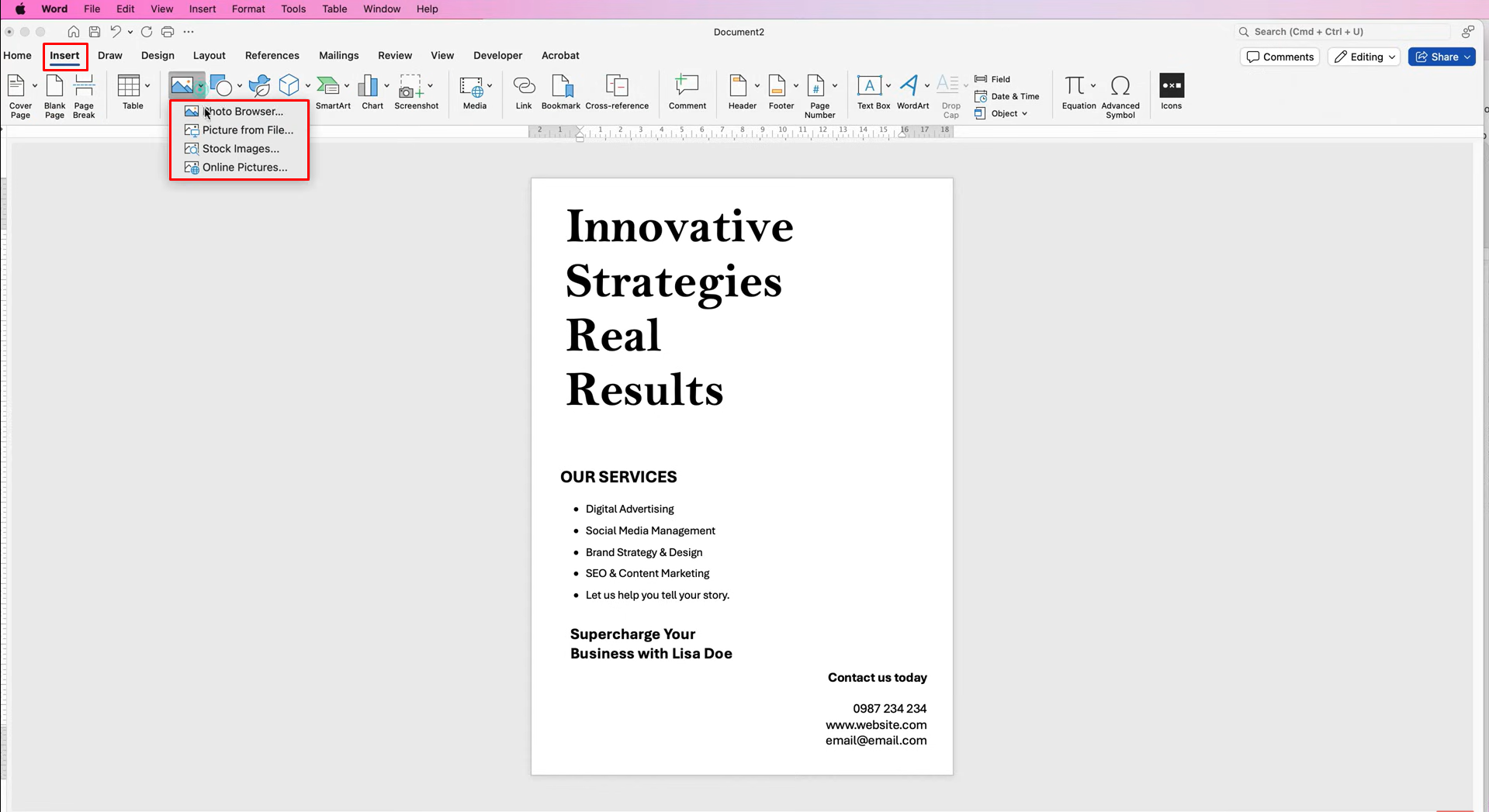 Een afbeelding invoegen om een flyer in Word te maken