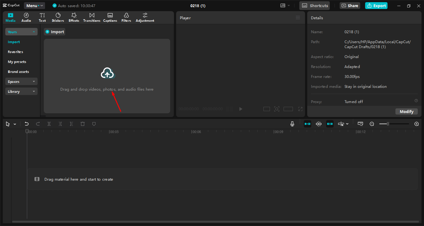 Hochladen von Videos auf den CapCut Desktop-Video-Editor