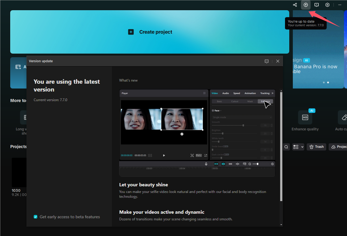 Aggiorna CapCut il desktop utilizzando l'icona in alto a destra